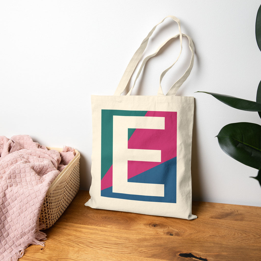 Initial E Colorblock Canvas Tote Bag — Monogram Letter E Reusable Grocery Tote