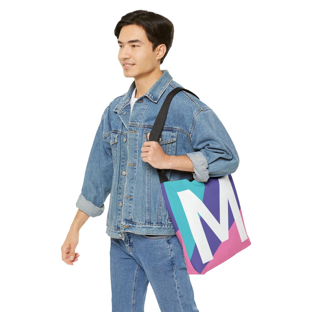 Initial Letter 'M' Colorblock Adjustable Tote Bag — Monogram Alphabet Shoulder Bag