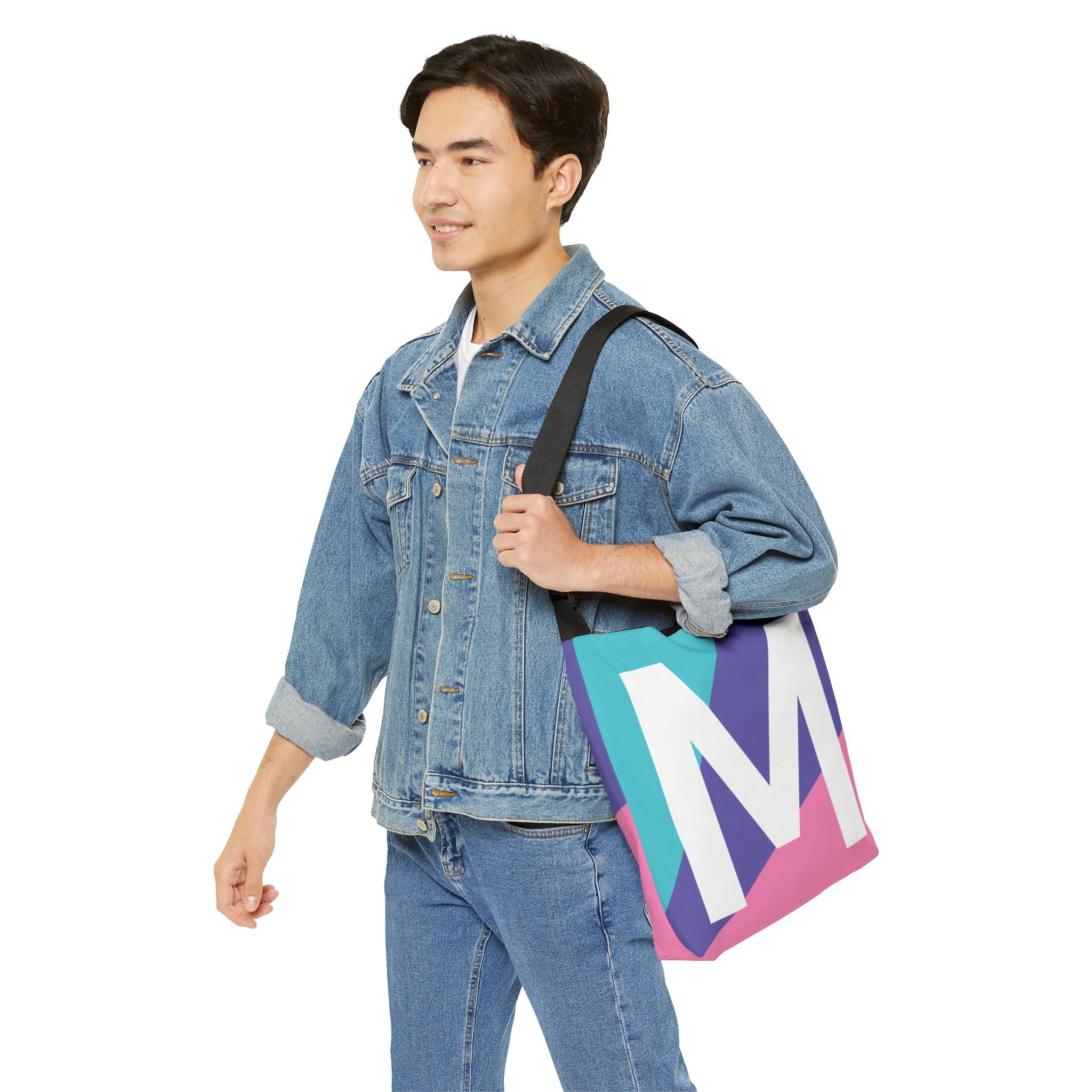 Initial Letter 'M' Colorblock Adjustable Tote Bag — Monogram Alphabet Shoulder Bag