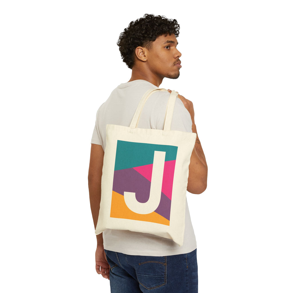 Initial J Colorblock Canvas Tote Bag — Monogram Letter J Reusable Grocery Tote