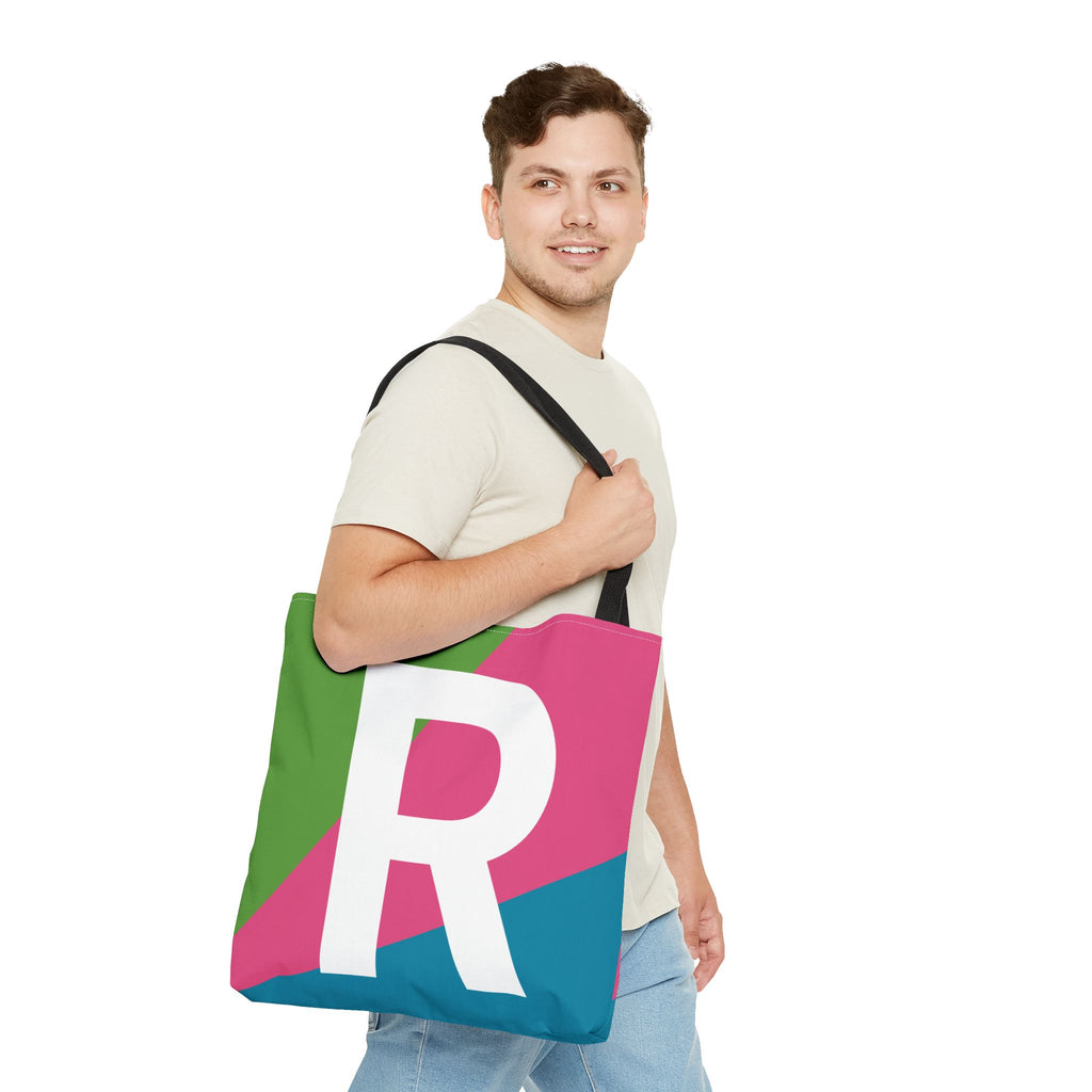 Monogram 'R' Colorblock Tote Bag — Personalized Initial R Shoulder Tote
