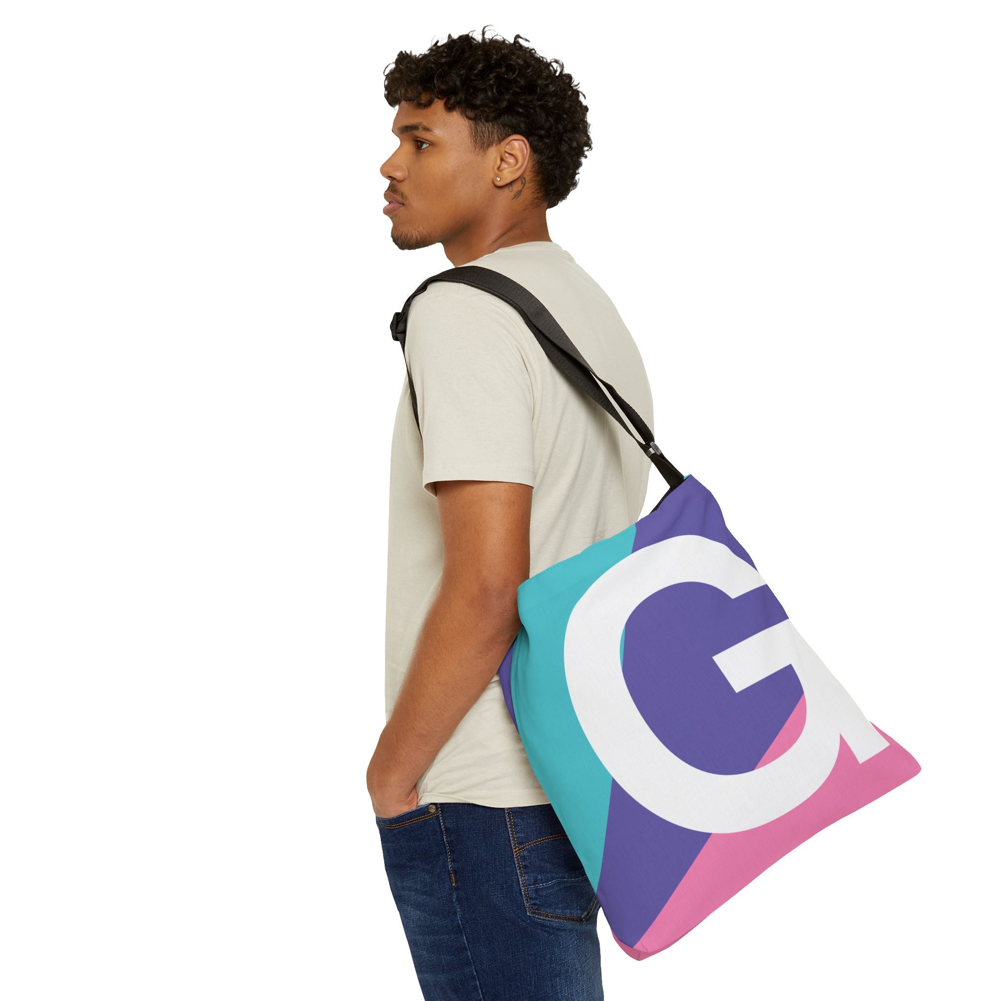 Initial Letter 'G' Colorblock Adjustable Tote Bag — Monogram Alphabet Shoulder Bag