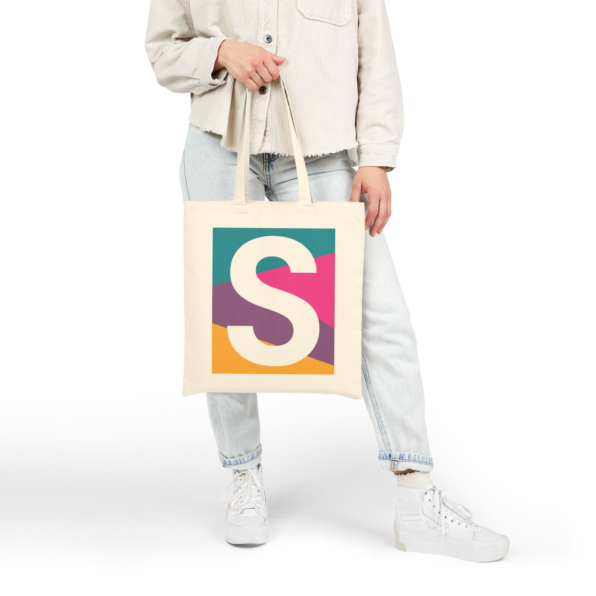 Initial S Colorblock Canvas Tote Bag — Monogram Letter S Reusable Grocery Tote