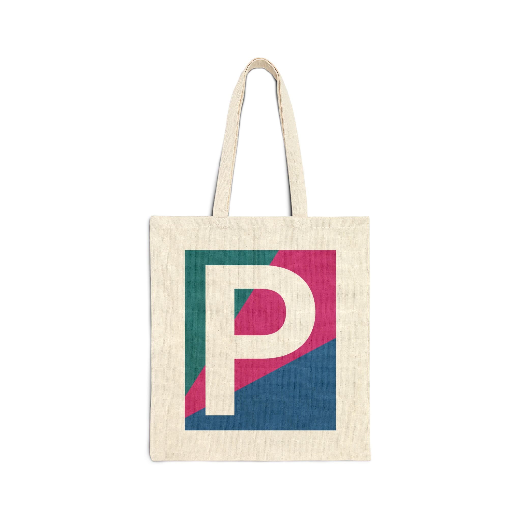 Initial P Colorblock Canvas Tote Bag — Monogram Letter P Reusable Grocery Tote