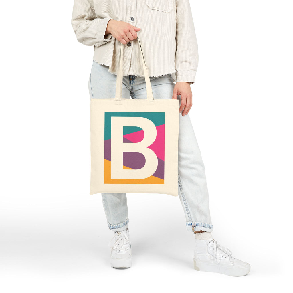 Initial B Colorblock Canvas Tote Bag — Monogram Letter B Reusable Grocery Tote