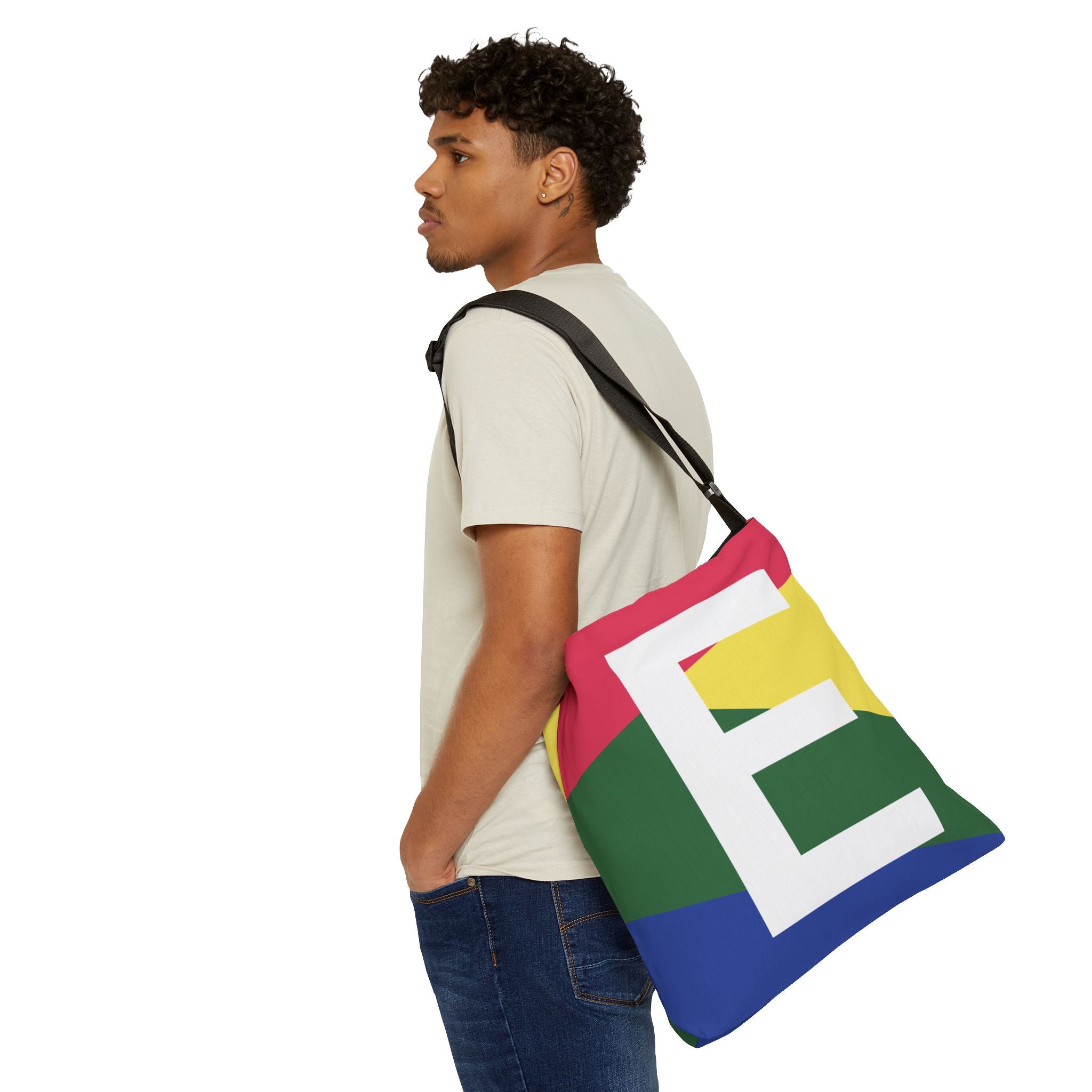 Initial Letter 'E' Colorblock Adjustable Tote Bag — Monogram Alphabet Shoulder Bag