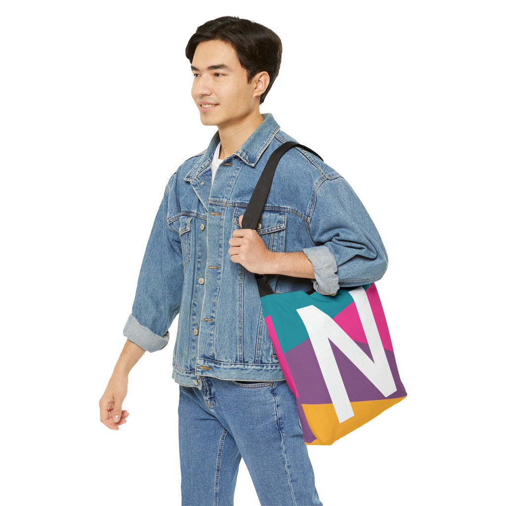 Initial Letter 'N' Colorblock Adjustable Tote Bag — Monogram Alphabet Shoulder Bag