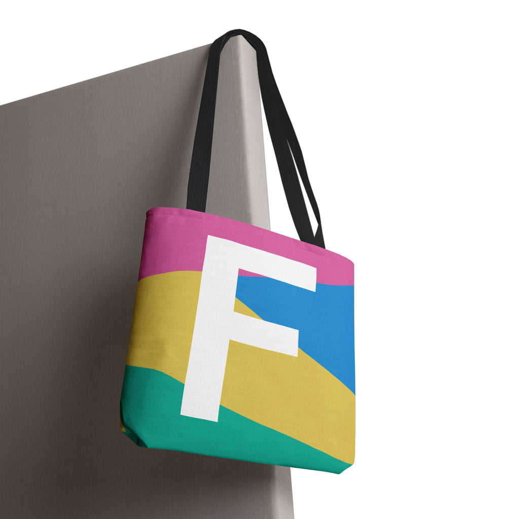 Monogram 'F' Colorblock Tote Bag — Personalized Initial F Shoulder Tote