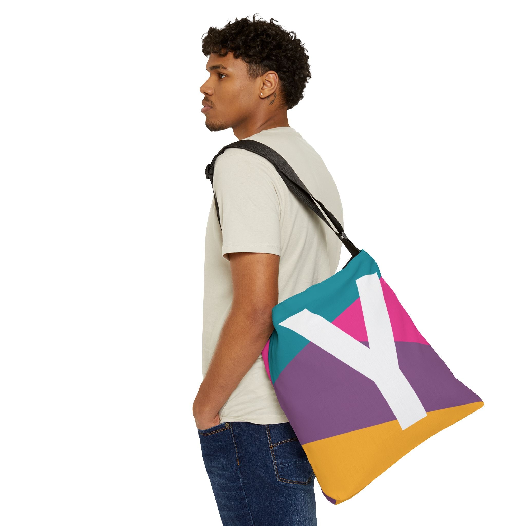 Initial Letter 'Y' Colorblock Adjustable Tote Bag — Monogram Alphabet Shoulder Bag