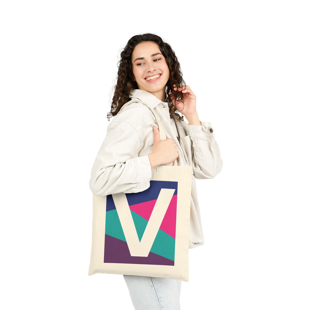 Initial V Colorblock Canvas Tote Bag — Monogram Letter V Reusable Grocery Tote