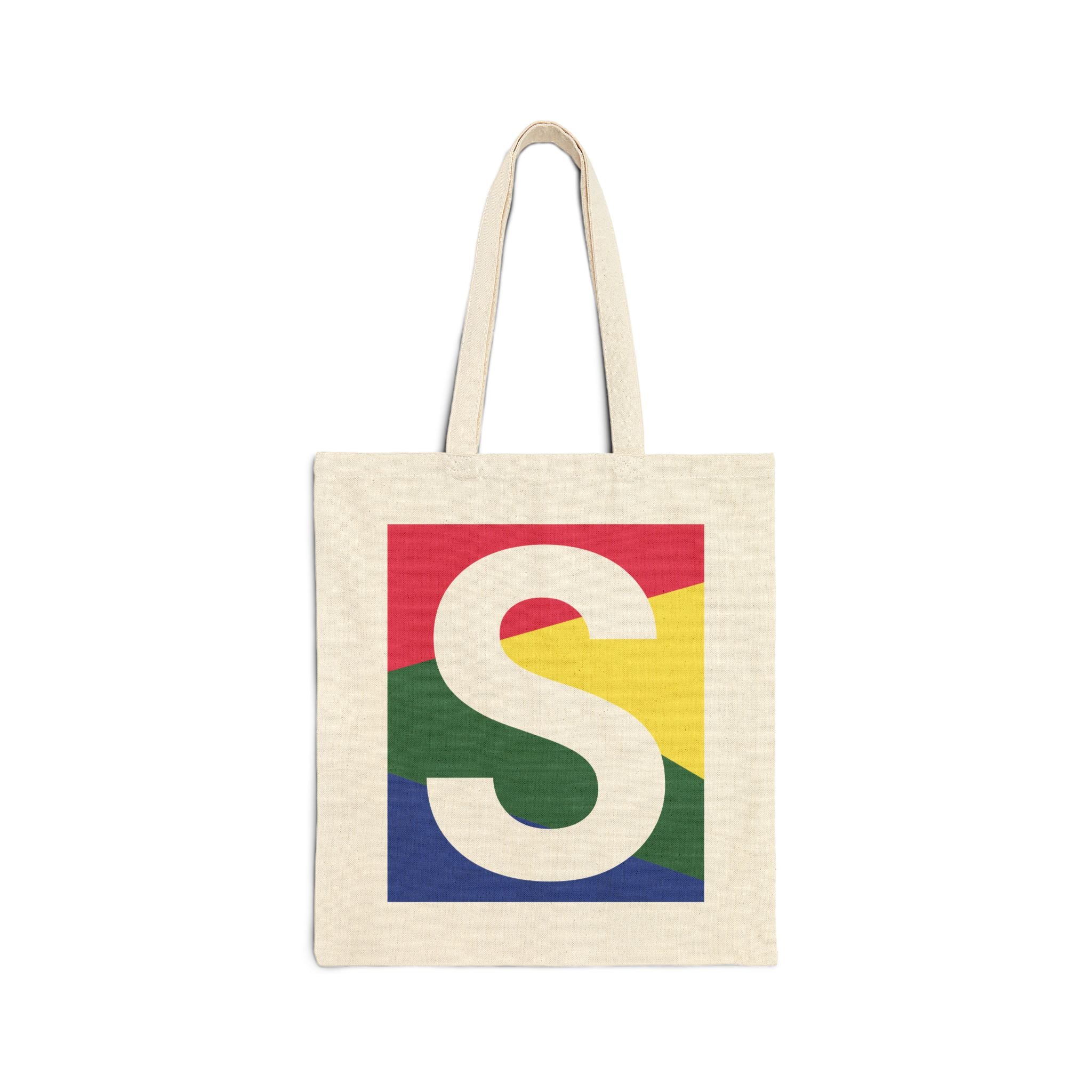 Initial S Colorblock Canvas Tote Bag — Monogram Letter S Reusable Grocery Tote