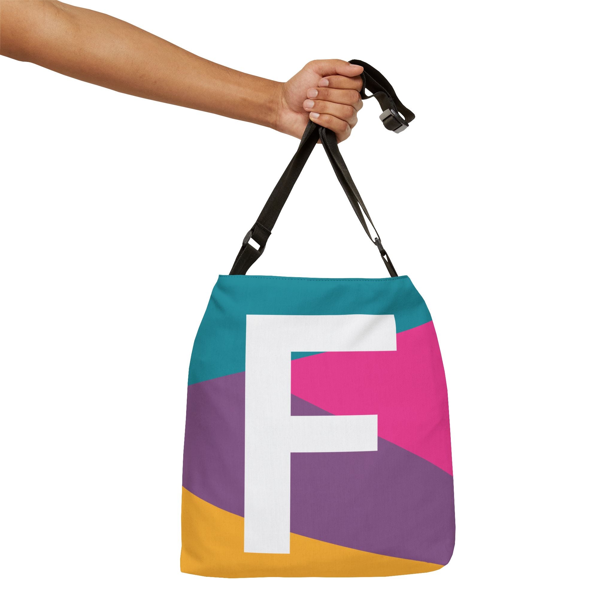 Initial Letter 'F' Colorblock Adjustable Tote Bag — Monogram Alphabet Shoulder Bag