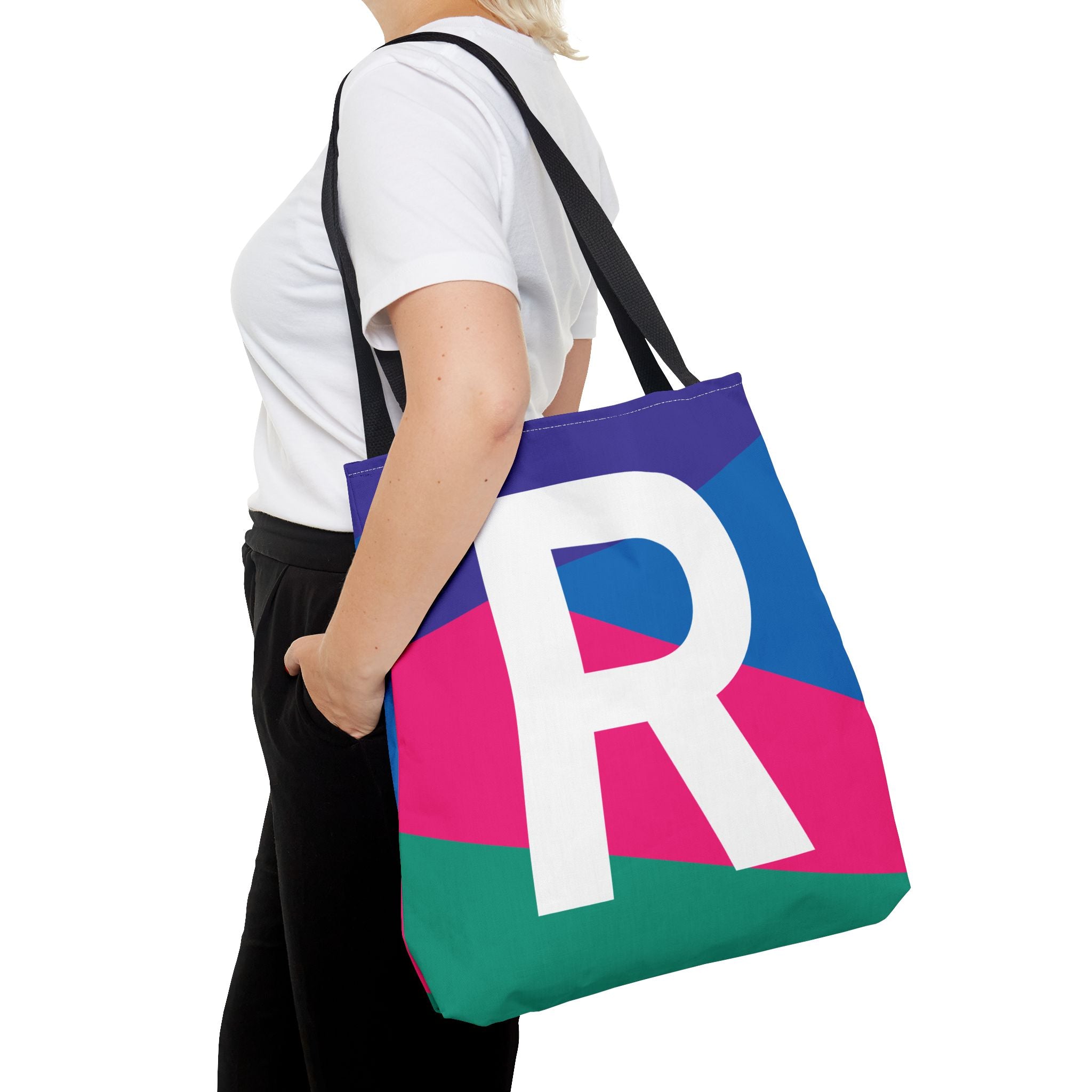 Monogram 'R' Colorblock Tote Bag — Personalized Initial R Shoulder Tote