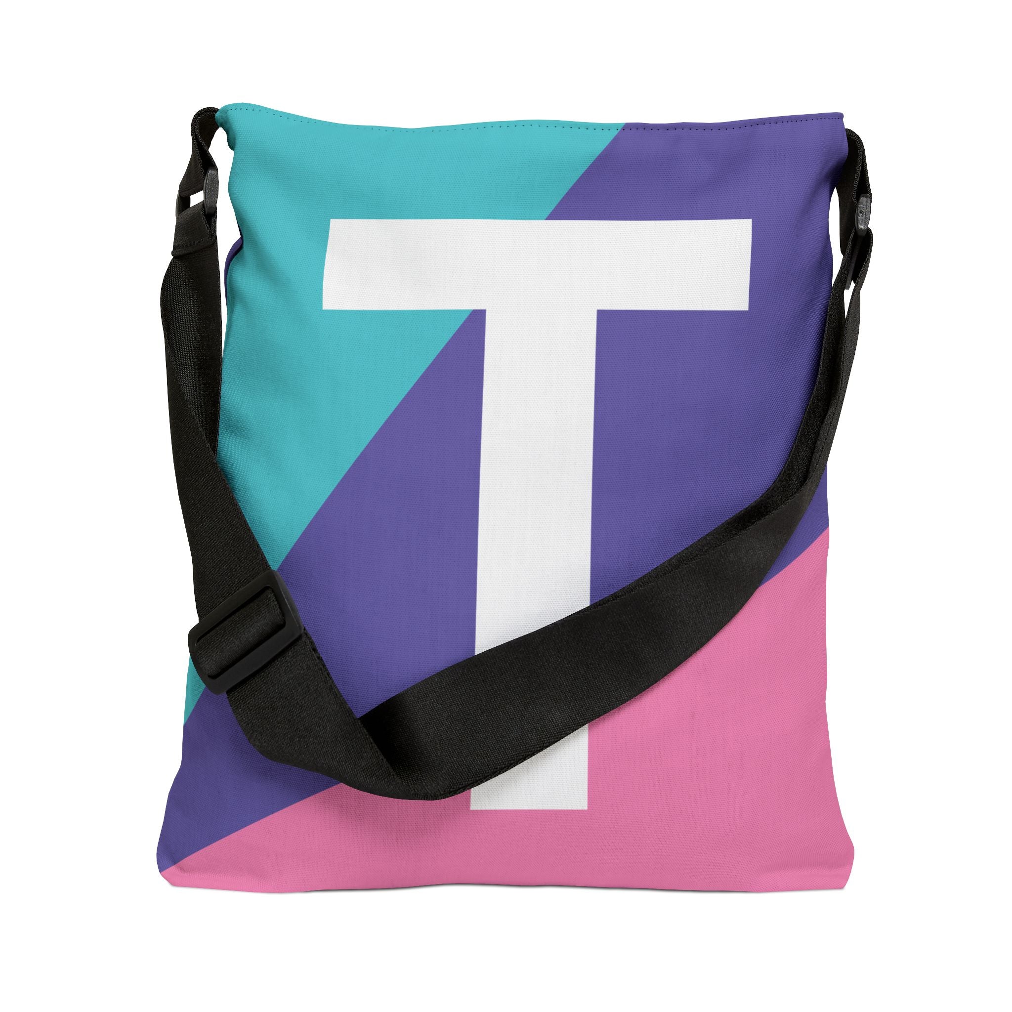 Initial Letter 'T' Colorblock Adjustable Tote Bag — Monogram Alphabet Shoulder Bag