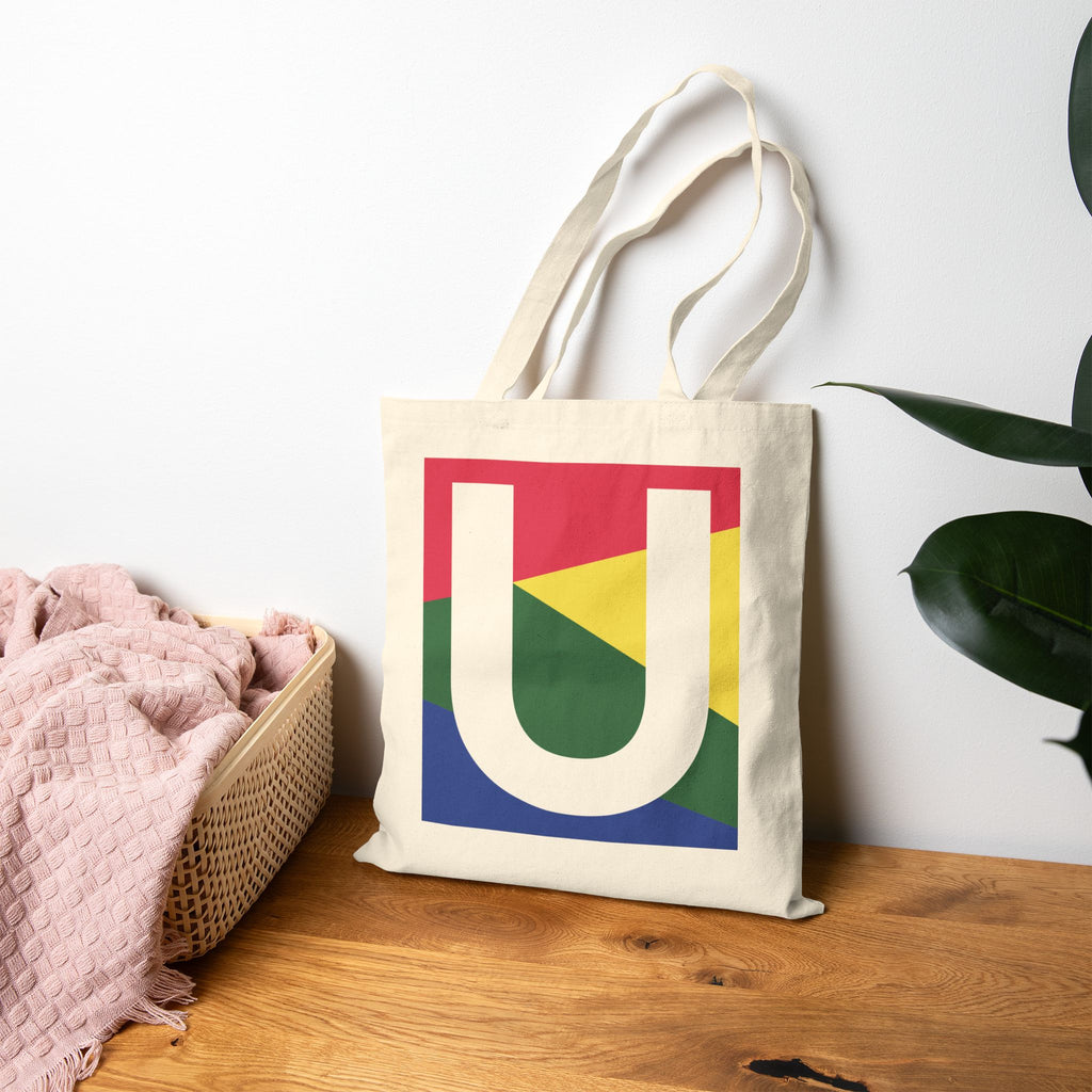 Initial U Colorblock Canvas Tote Bag — Monogram Letter U Reusable Grocery Tote