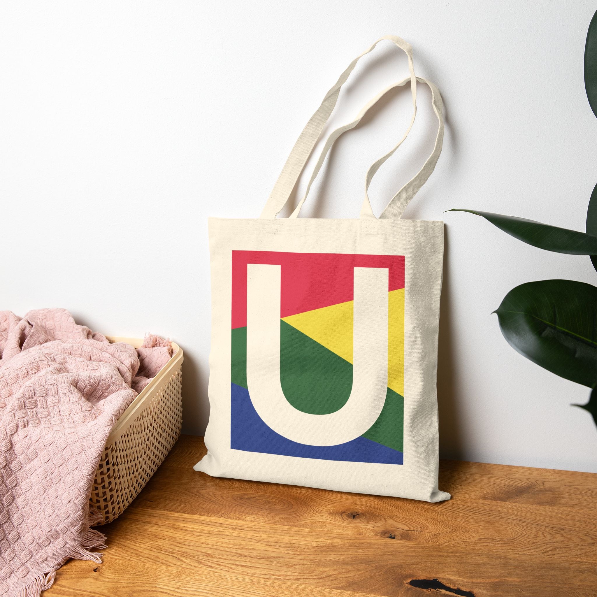 Initial U Colorblock Canvas Tote Bag — Monogram Letter U Reusable Grocery Tote