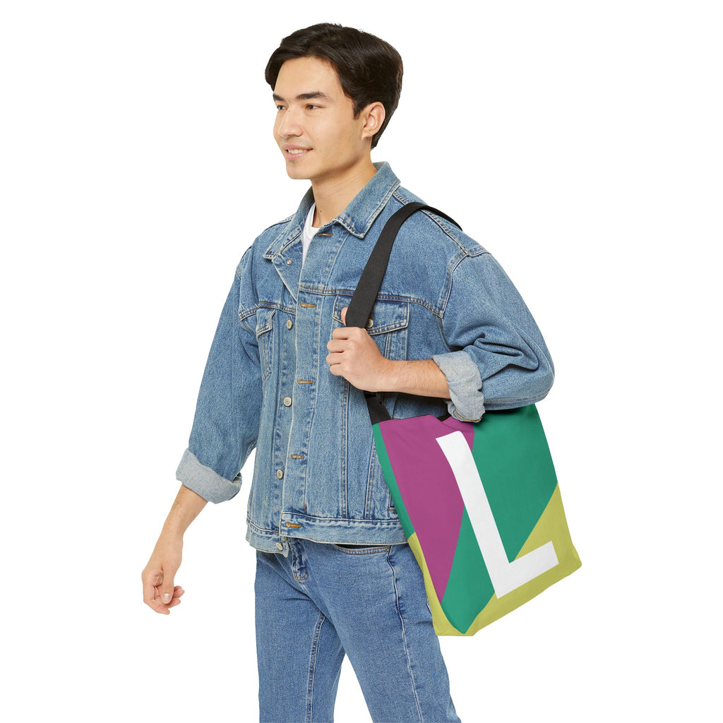 Initial Letter 'L' Colorblock Adjustable Tote Bag — Monogram Alphabet Shoulder Bag