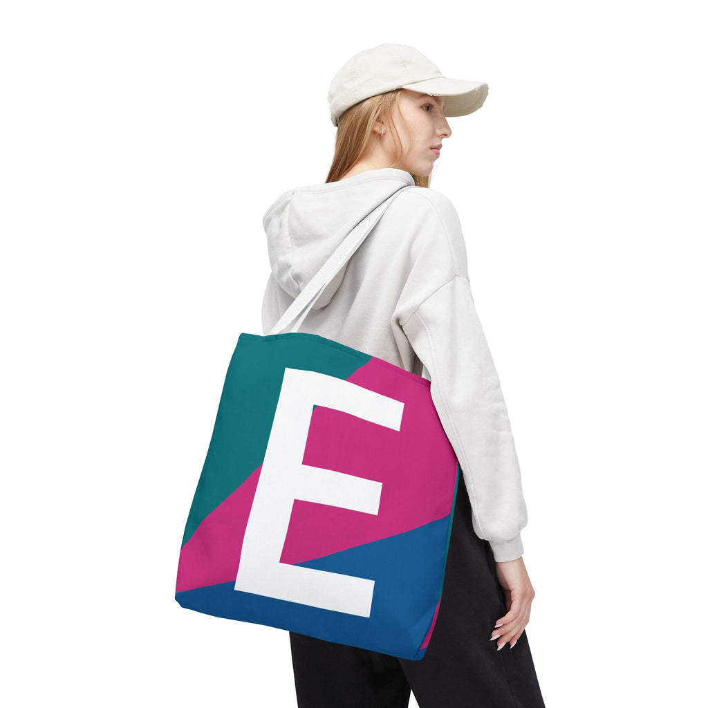 Monogram 'E' Colorblock Tote Bag — Personalized Initial E Shoulder Tote