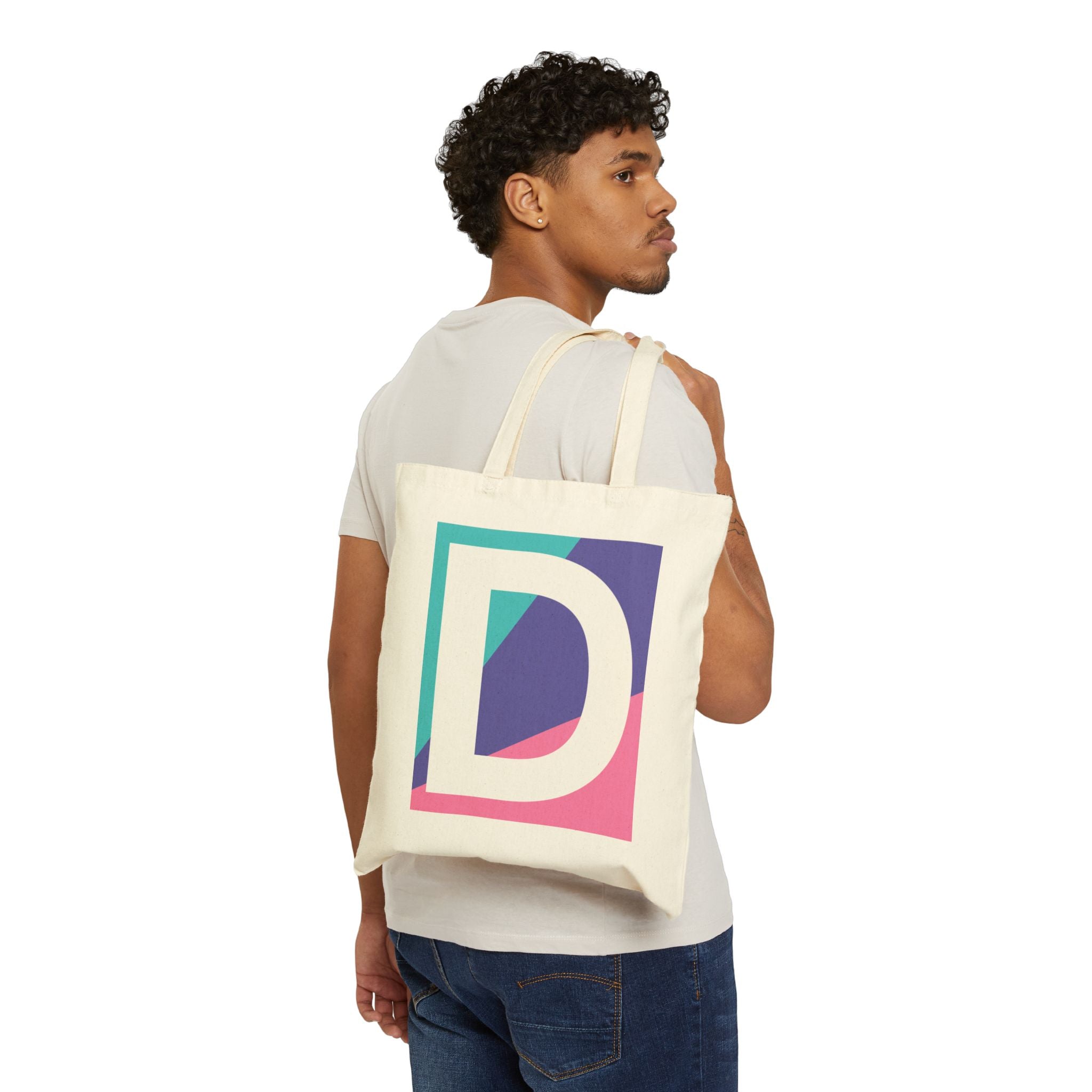 Initial D Colorblock Canvas Tote Bag — Monogram Letter D Reusable Grocery Tote