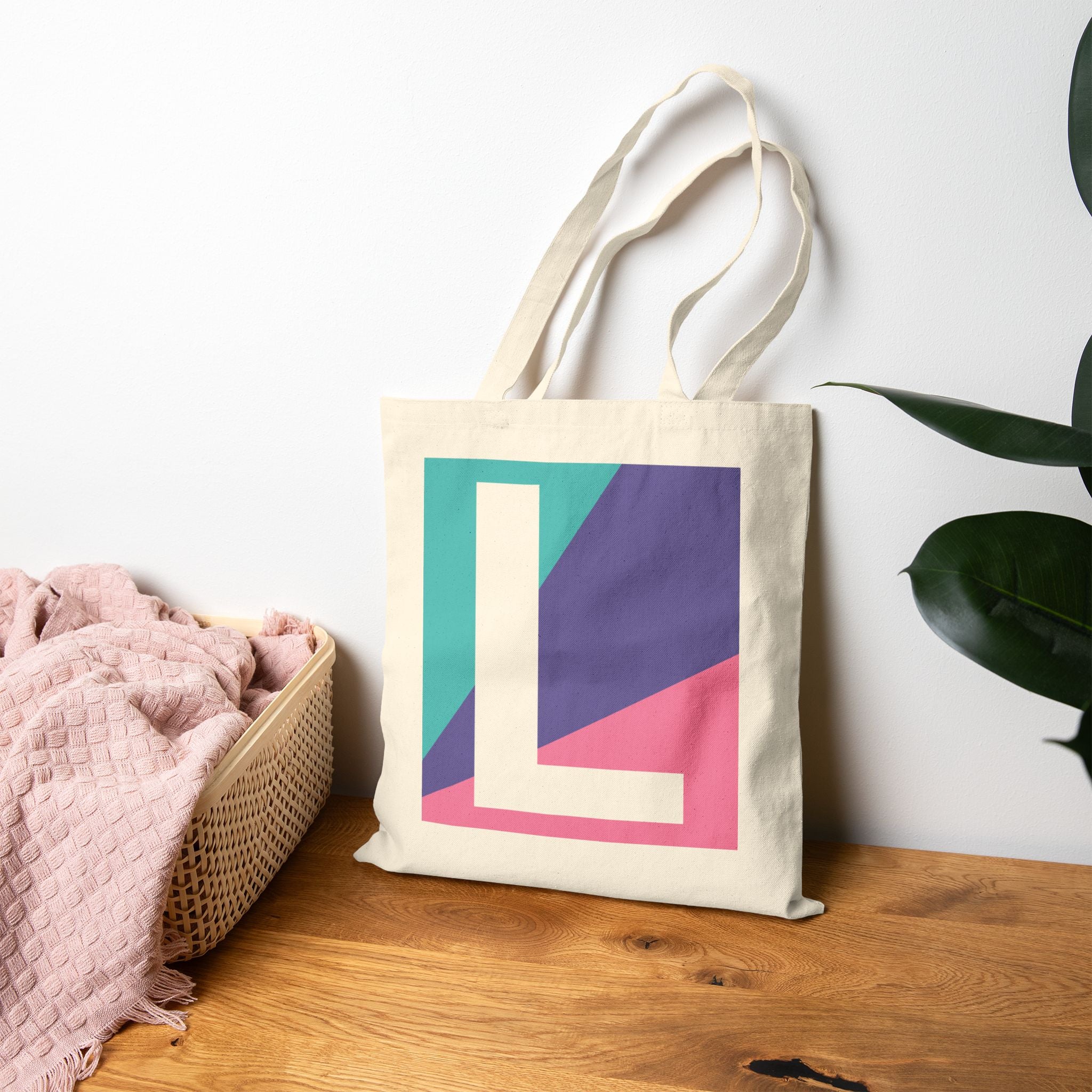 Initial L Colorblock Canvas Tote Bag — Monogram Letter L Reusable Grocery Tote