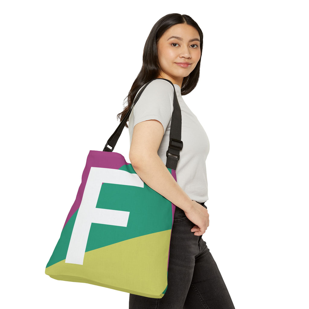 Initial Letter 'F' Colorblock Adjustable Tote Bag — Monogram Alphabet Shoulder Bag