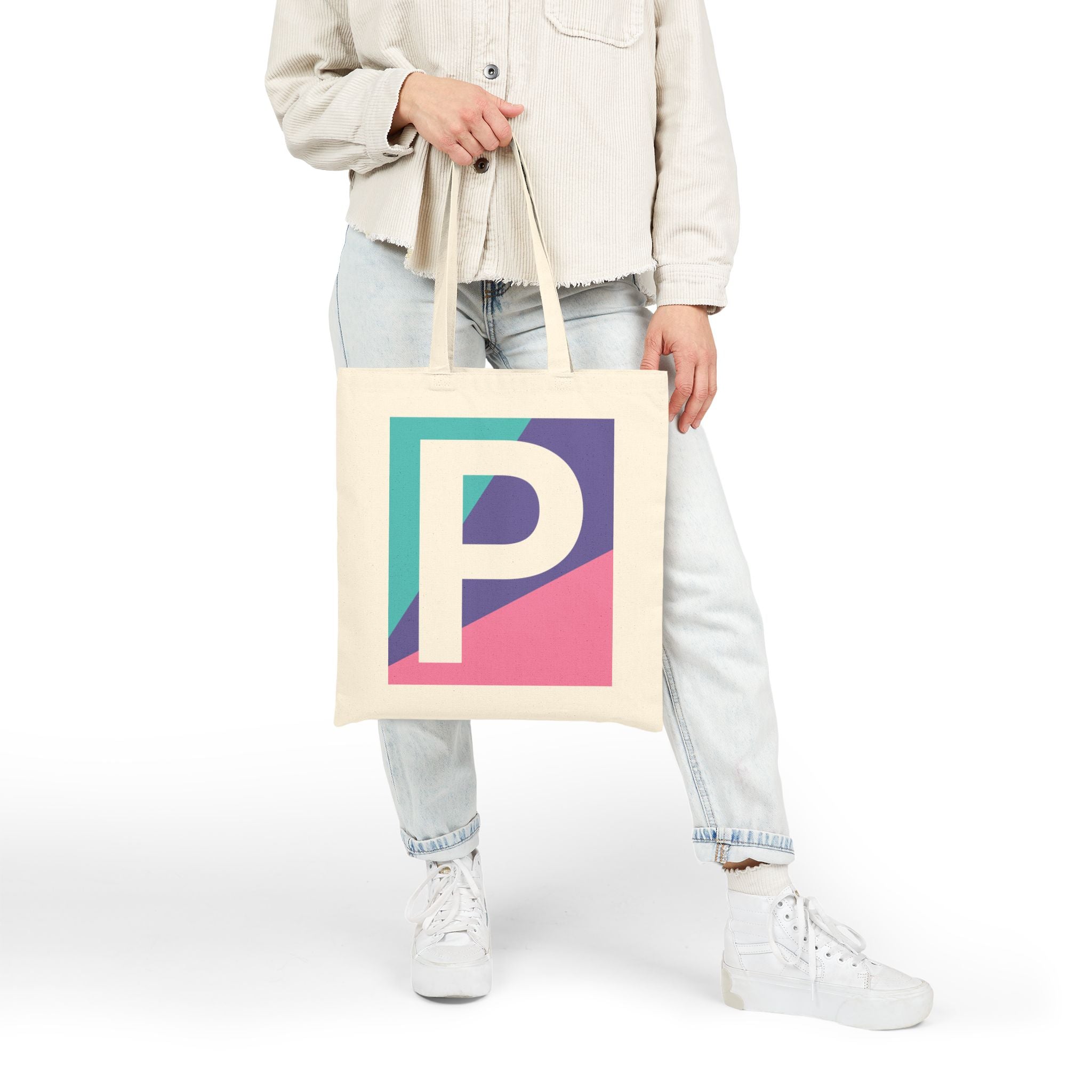Initial P Colorblock Canvas Tote Bag — Monogram Letter P Reusable Grocery Tote