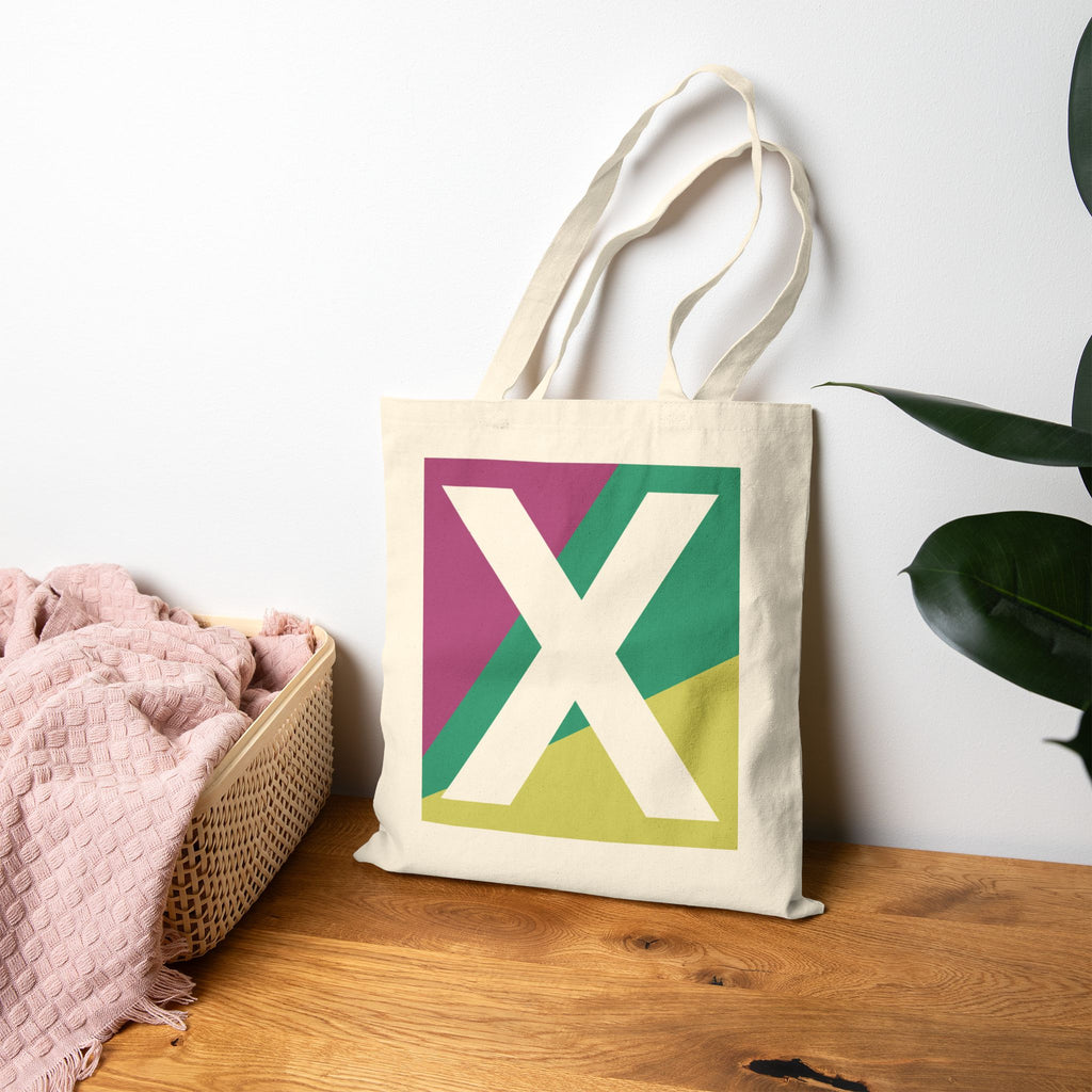 Initial X Colorblock Canvas Tote Bag — Monogram Letter X Reusable Grocery Tote