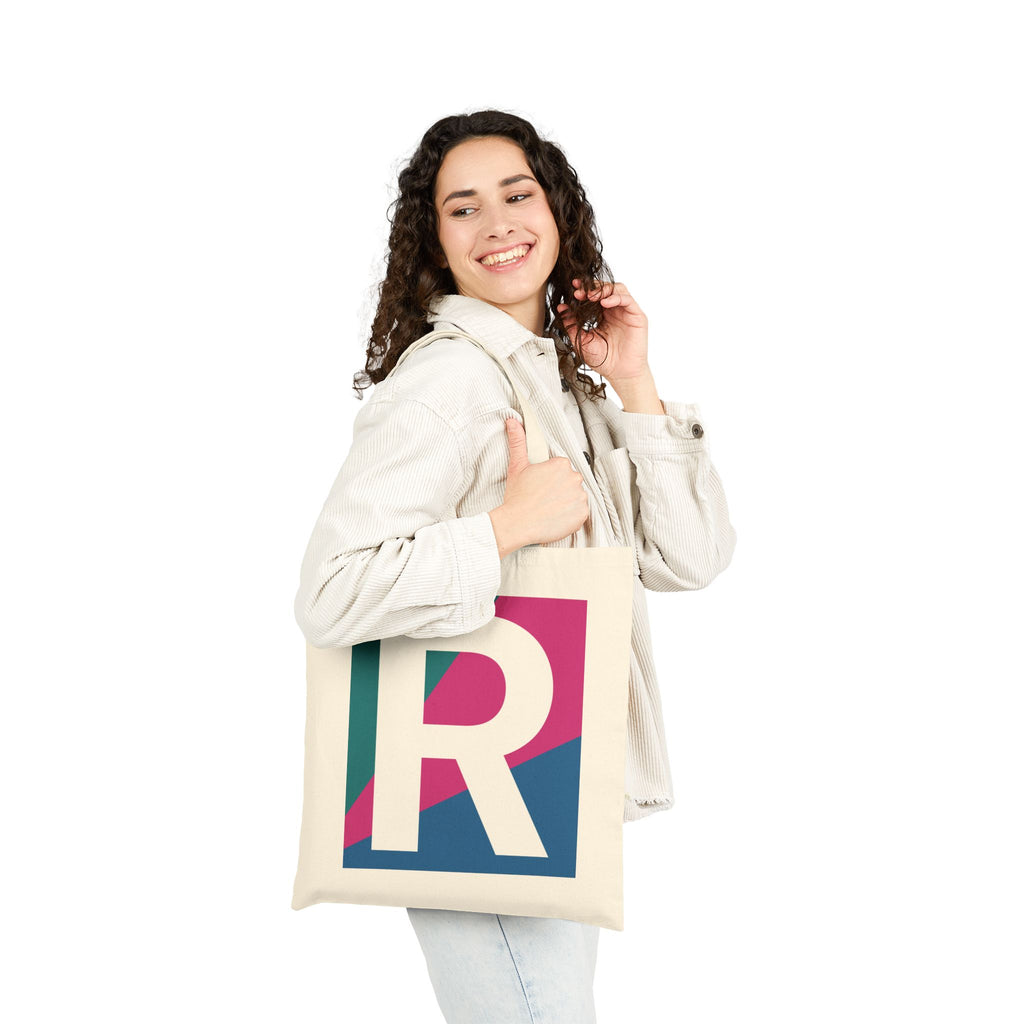 Initial R Colorblock Canvas Tote Bag — Monogram Letter R Reusable Grocery Tote