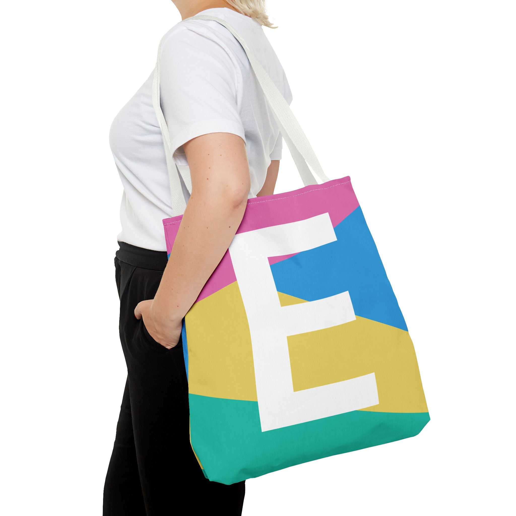 Monogram 'E' Colorblock Tote Bag — Personalized Initial E Shoulder Tote