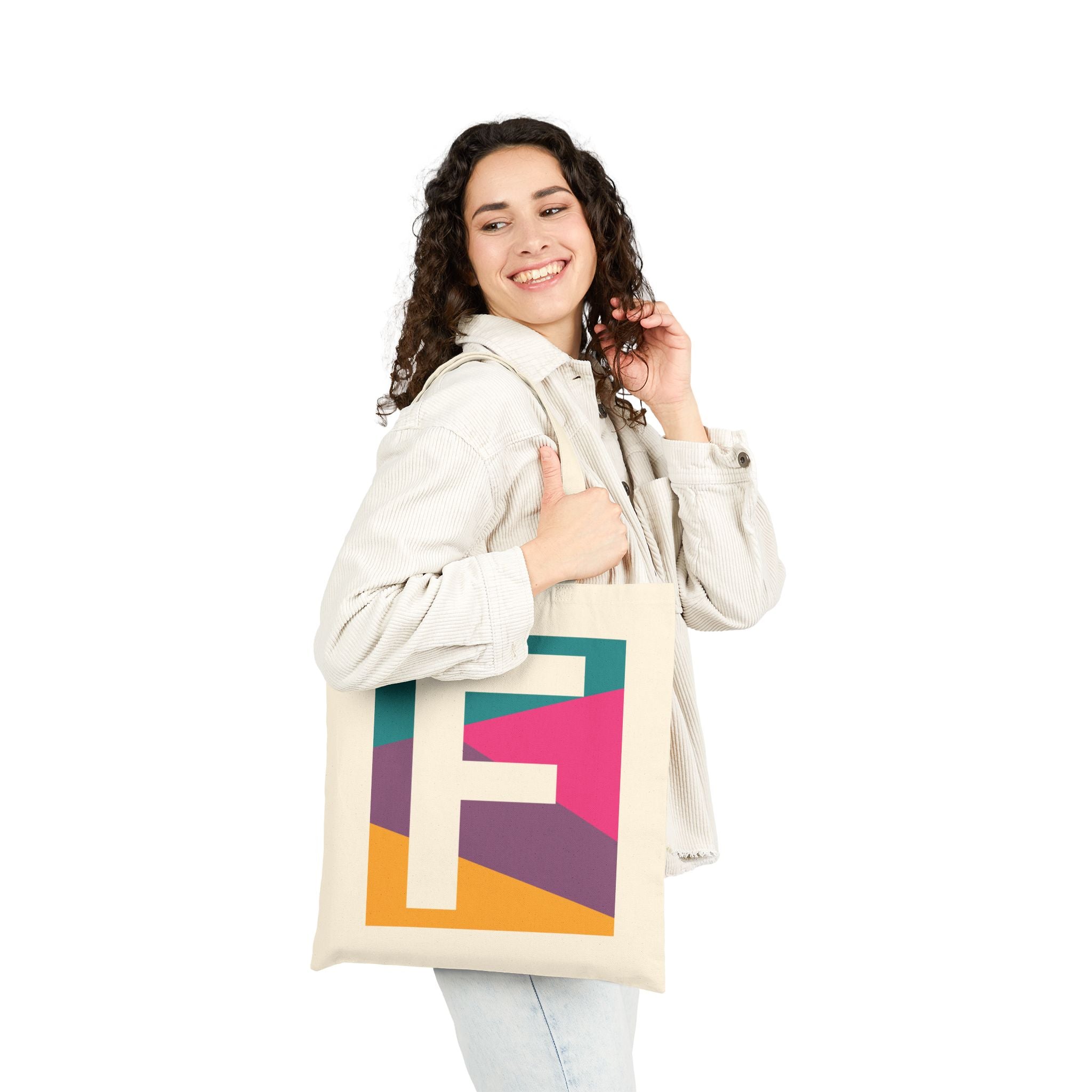 Initial F Colorblock Canvas Tote Bag — Monogram Letter F Reusable Grocery Tote