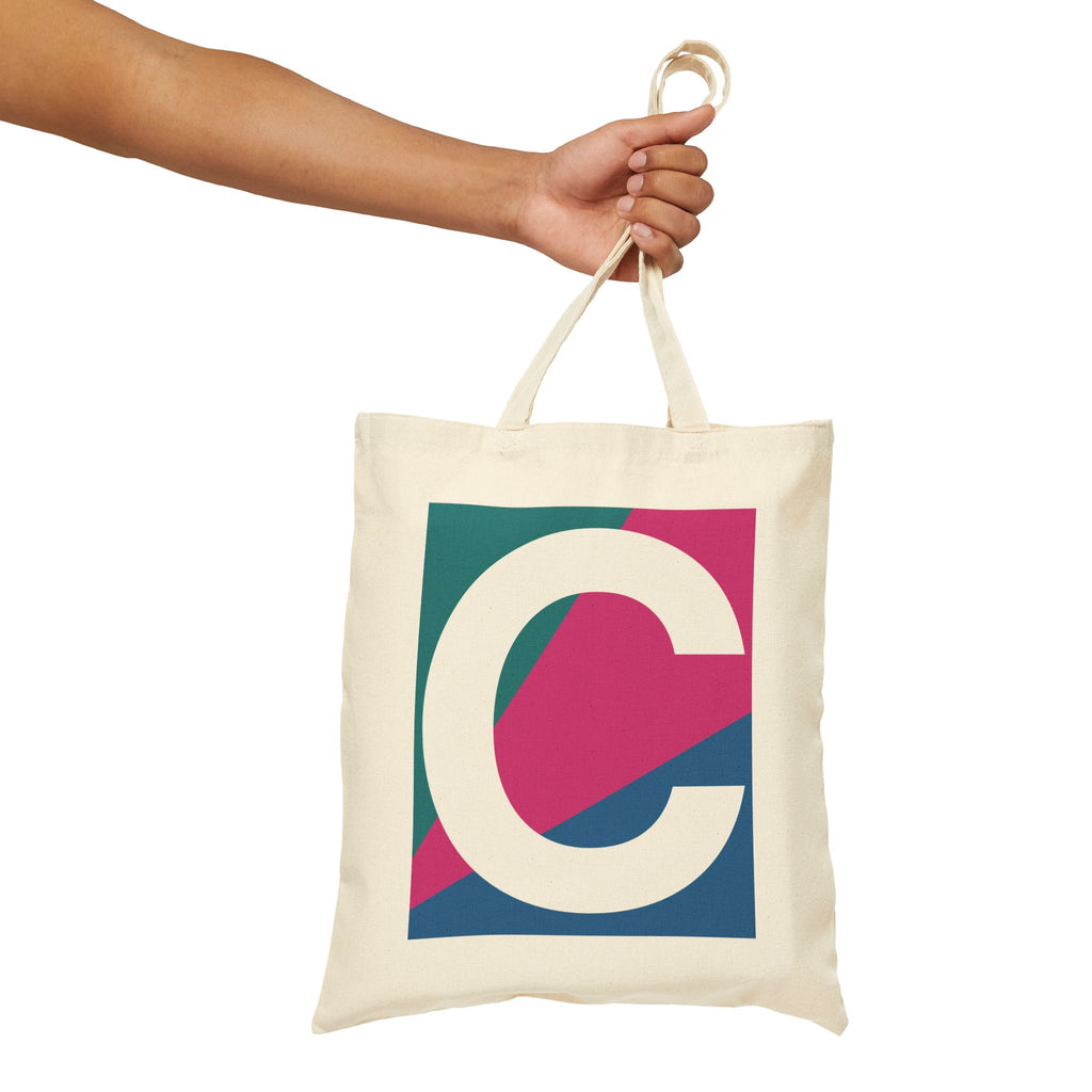 Initial C Colorblock Canvas Tote Bag — Monogram Letter C Reusable Grocery Tote
