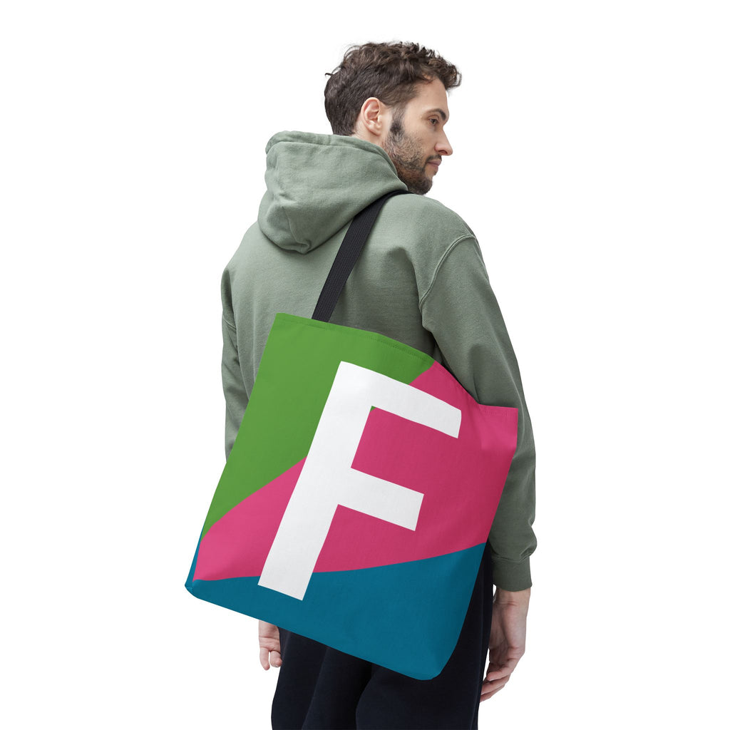 Monogram 'F' Colorblock Tote Bag — Personalized Initial F Shoulder Tote