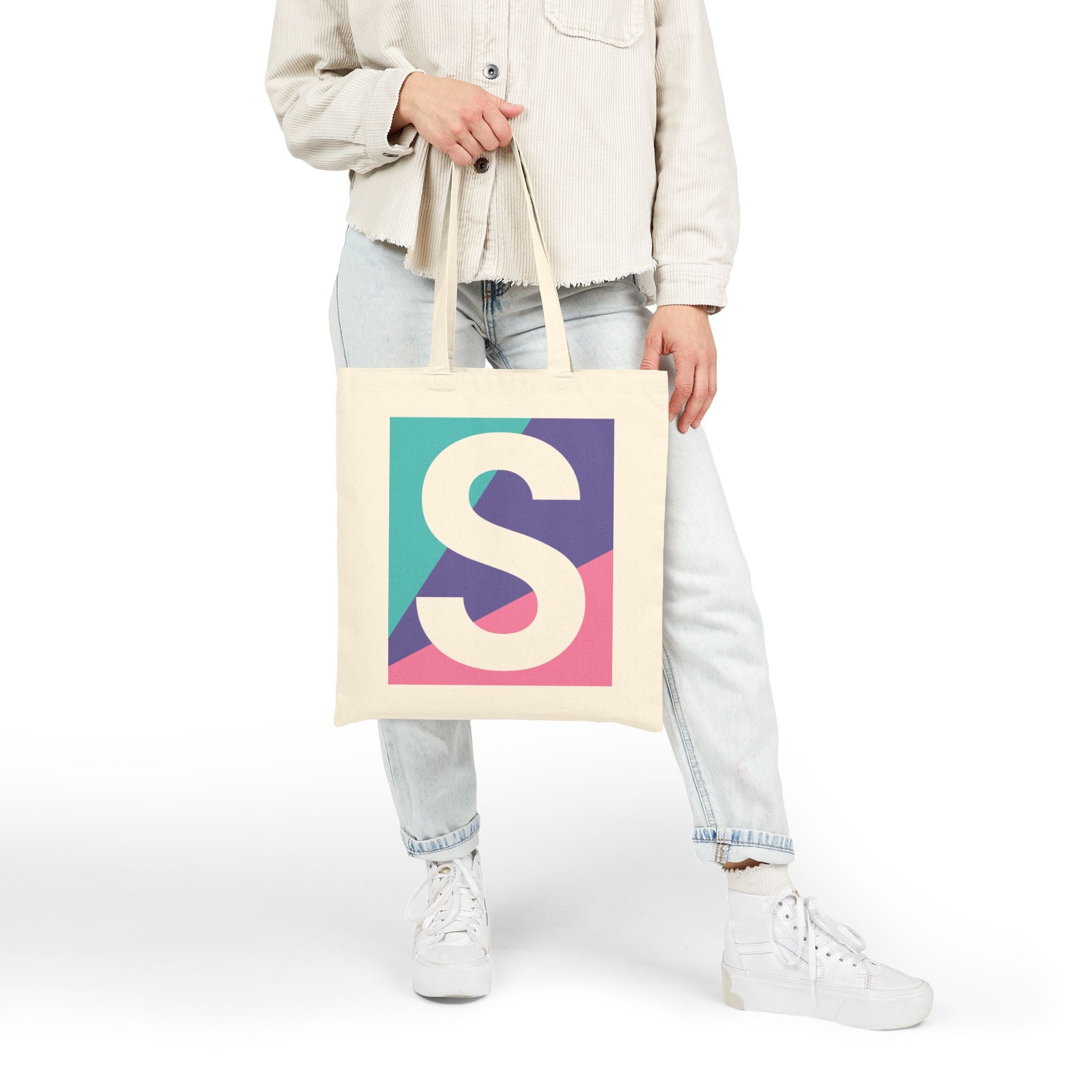 Initial S Colorblock Canvas Tote Bag — Monogram Letter S Reusable Grocery Tote
