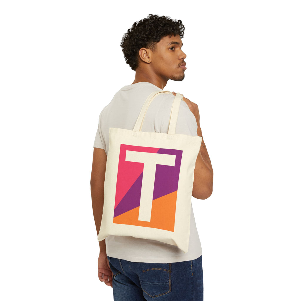 Initial T Colorblock Canvas Tote Bag — Monogram Letter T Reusable Grocery Tote