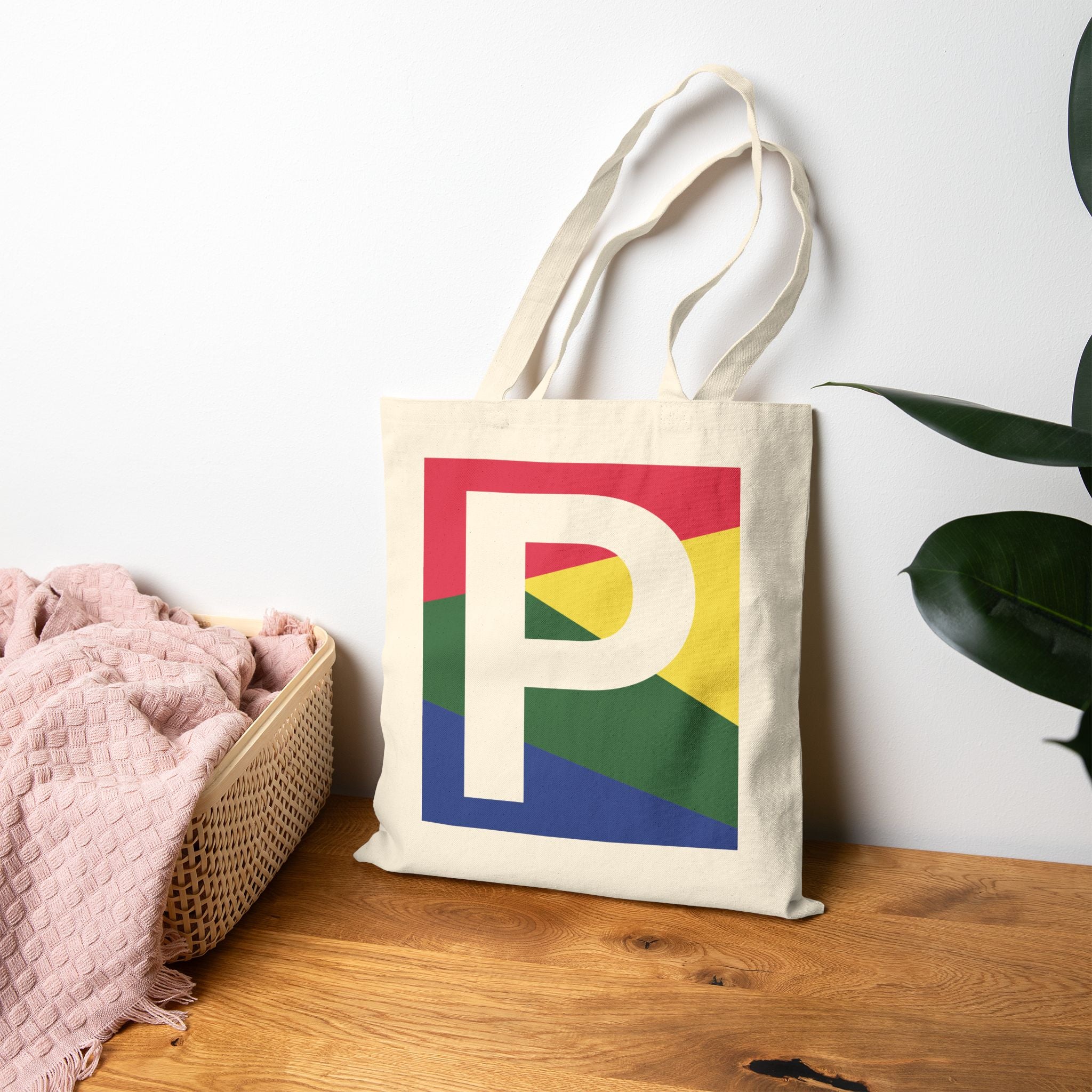 Initial P Colorblock Canvas Tote Bag — Monogram Letter P Reusable Grocery Tote