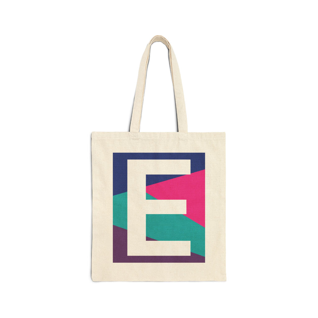 Initial E Colorblock Canvas Tote Bag — Monogram Letter E Reusable Grocery Tote