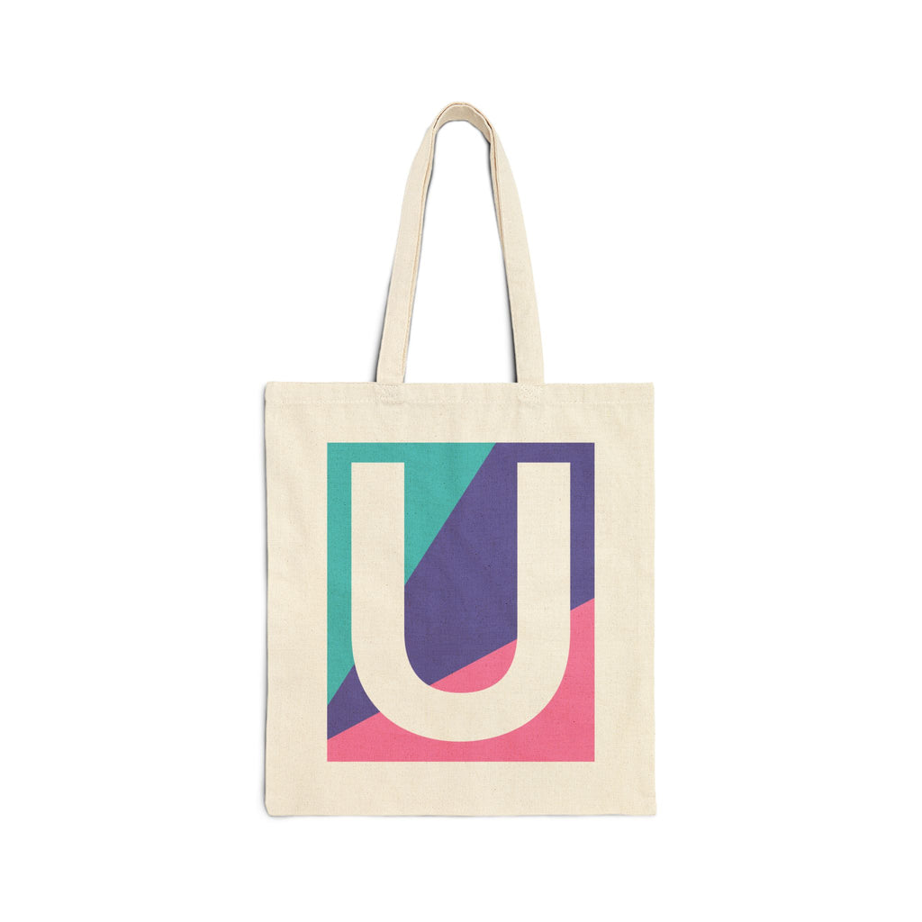 Initial U Colorblock Canvas Tote Bag — Monogram Letter U Reusable Grocery Tote