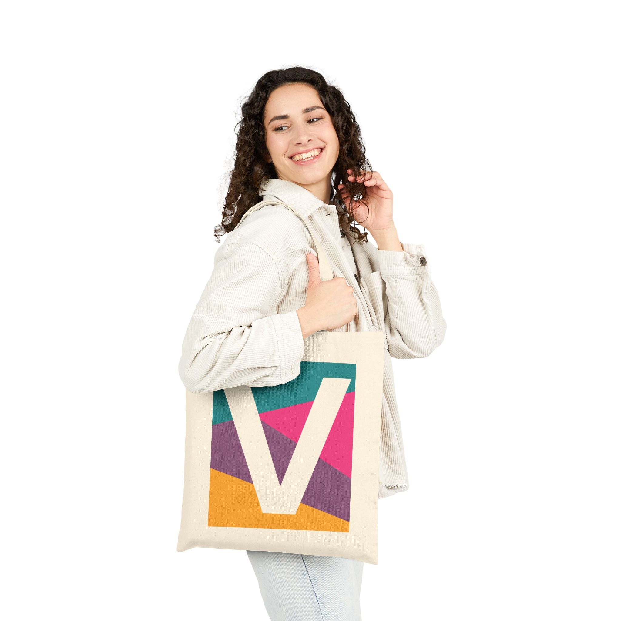 Initial V Colorblock Canvas Tote Bag — Monogram Letter V Reusable Grocery Tote