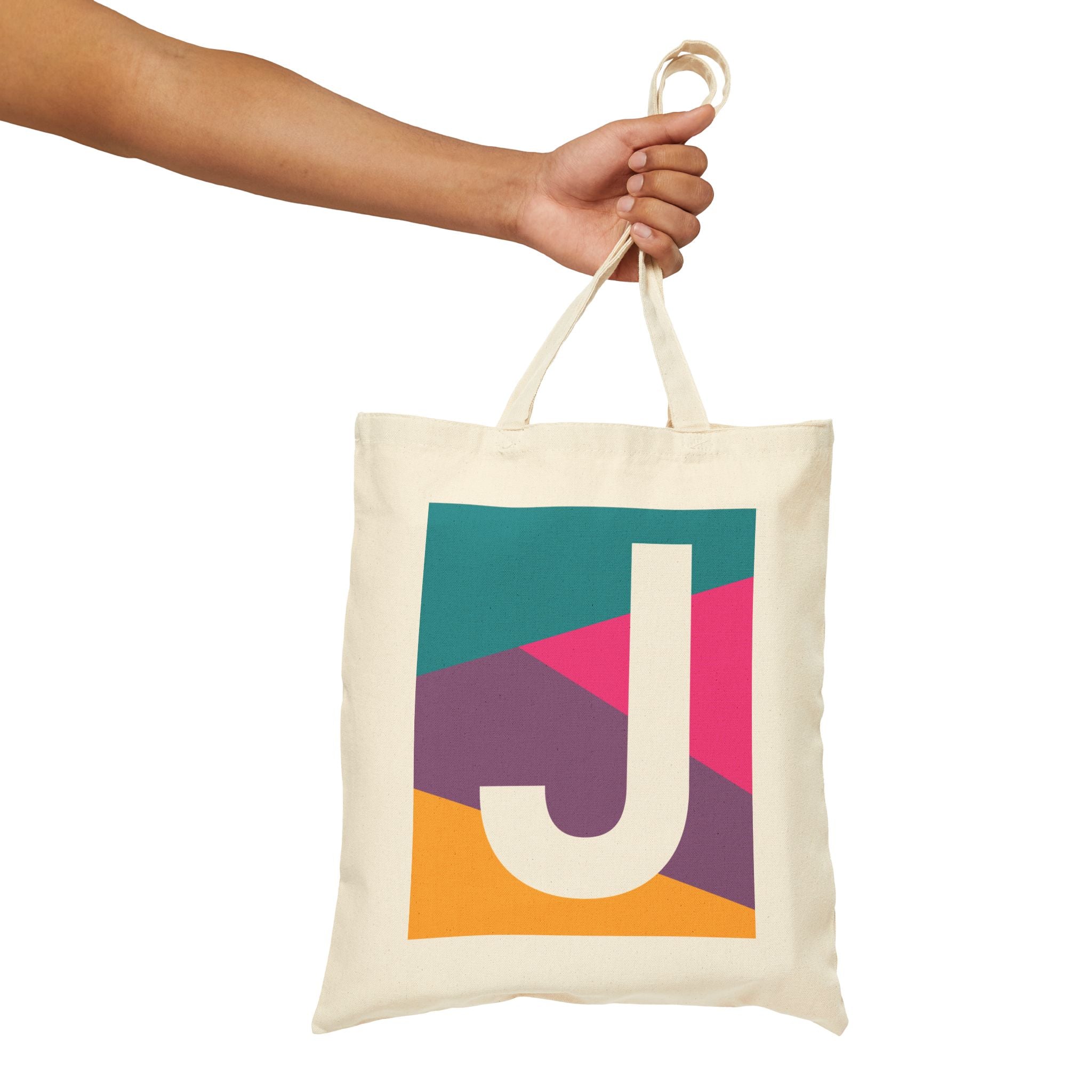 Initial J Colorblock Canvas Tote Bag — Monogram Letter J Reusable Grocery Tote