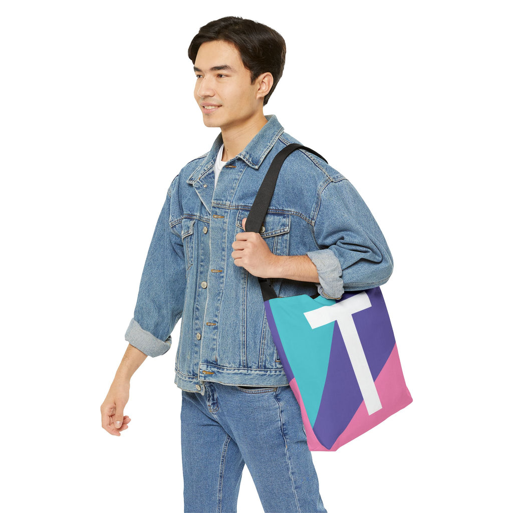 Initial Letter 'T' Colorblock Adjustable Tote Bag — Monogram Alphabet Shoulder Bag