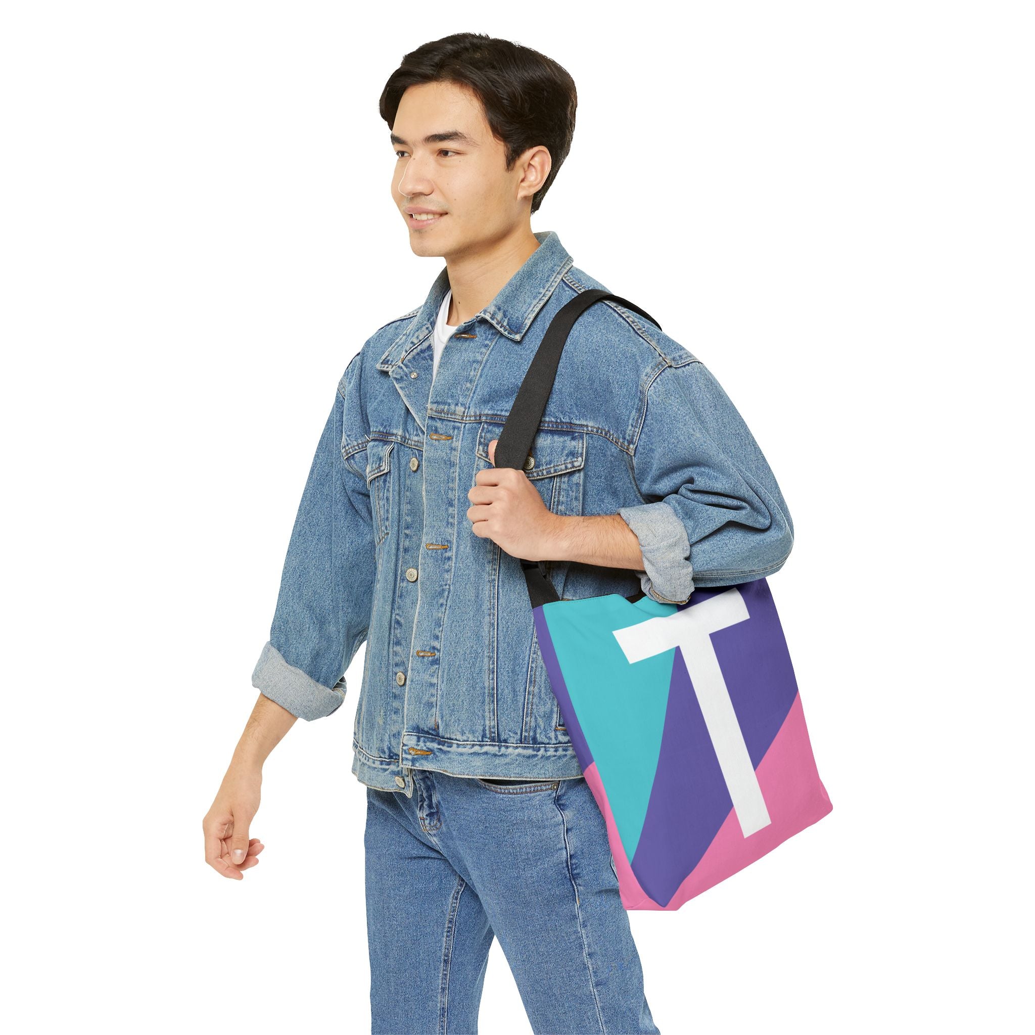 Initial Letter 'T' Colorblock Adjustable Tote Bag — Monogram Alphabet Shoulder Bag