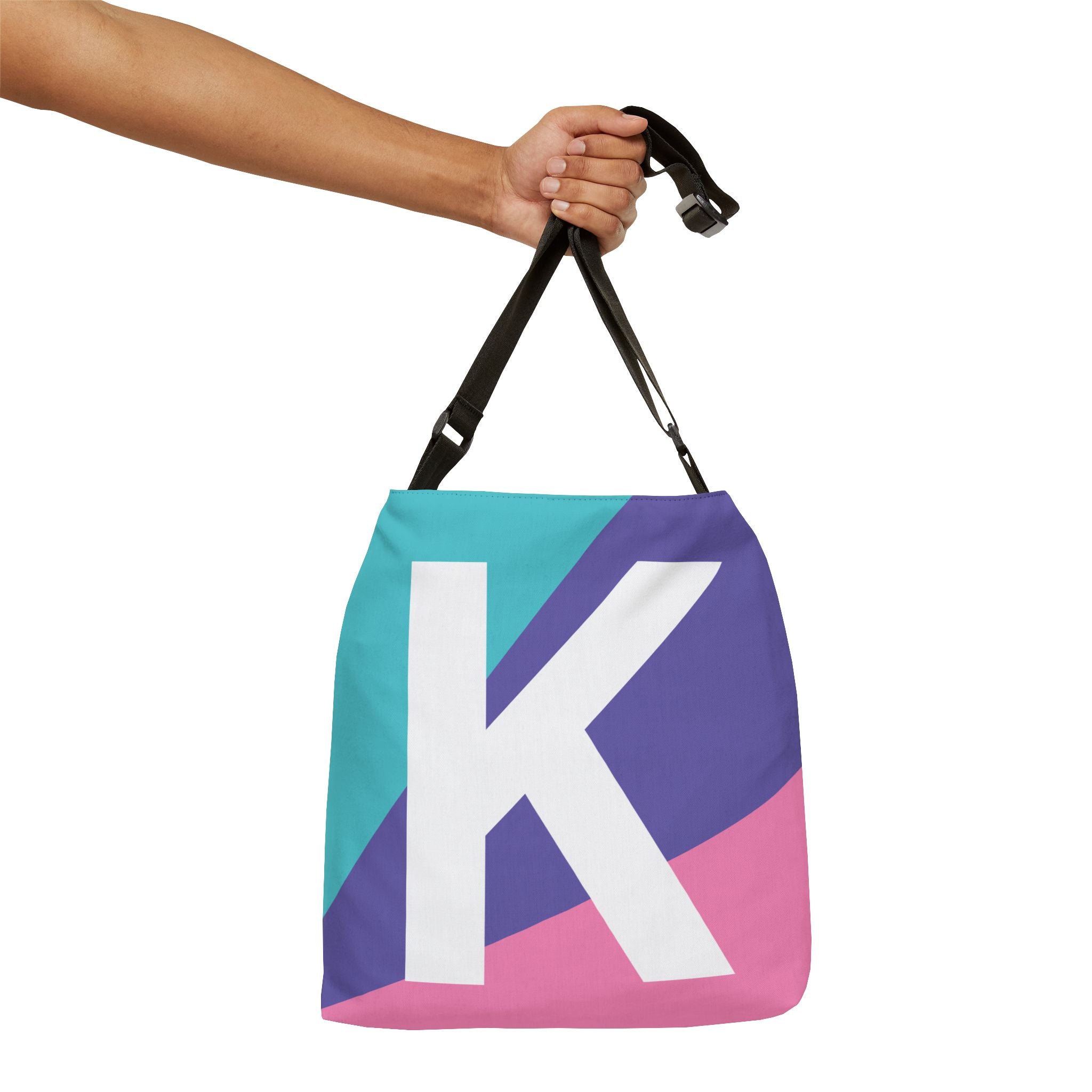 Initial Letter 'K' Colorblock Adjustable Tote Bag — Monogram Alphabet Shoulder Bag