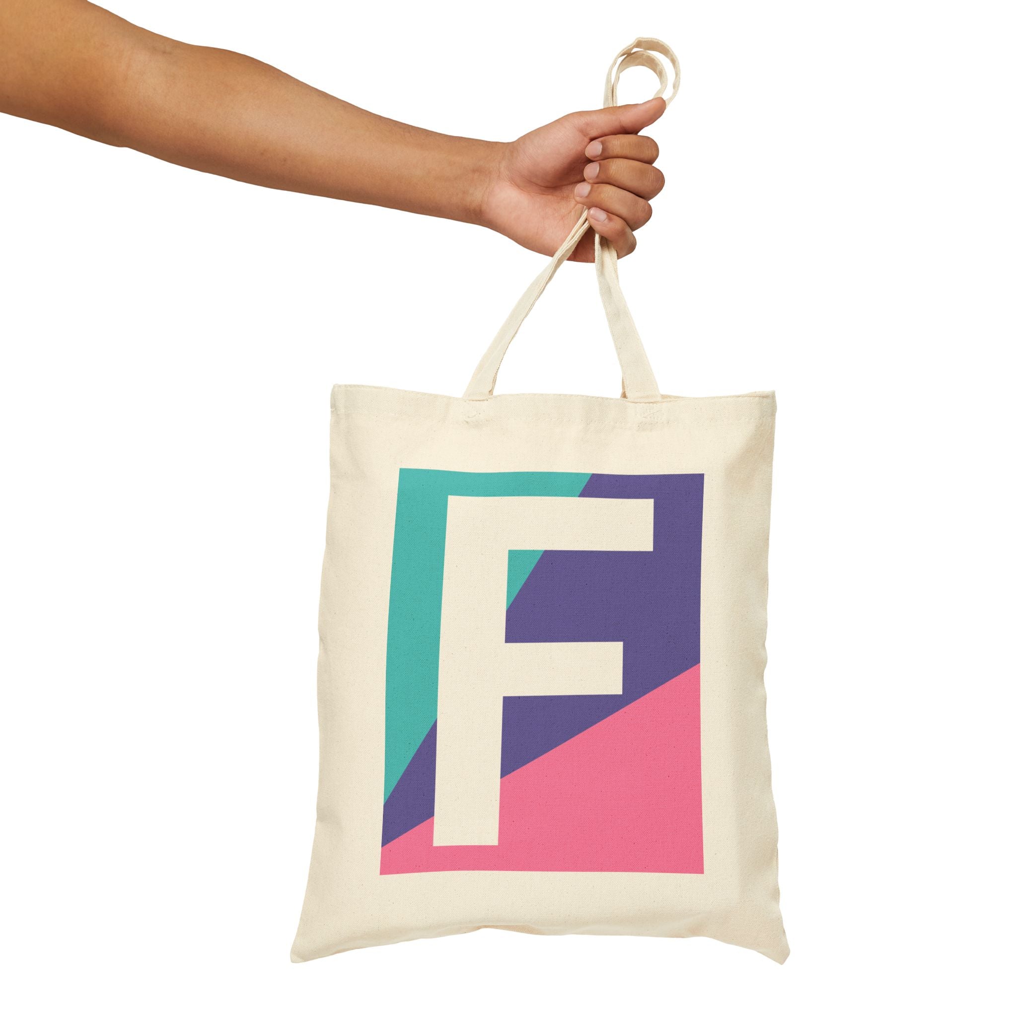 Initial F Colorblock Canvas Tote Bag — Monogram Letter F Reusable Grocery Tote