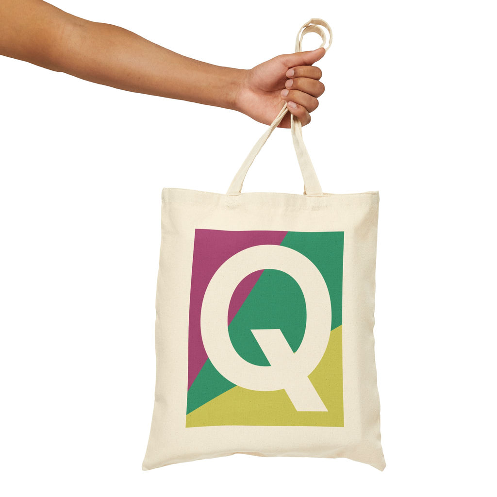 Initial Q Colorblock Canvas Tote Bag — Monogram Letter Q Reusable Grocery Tote
