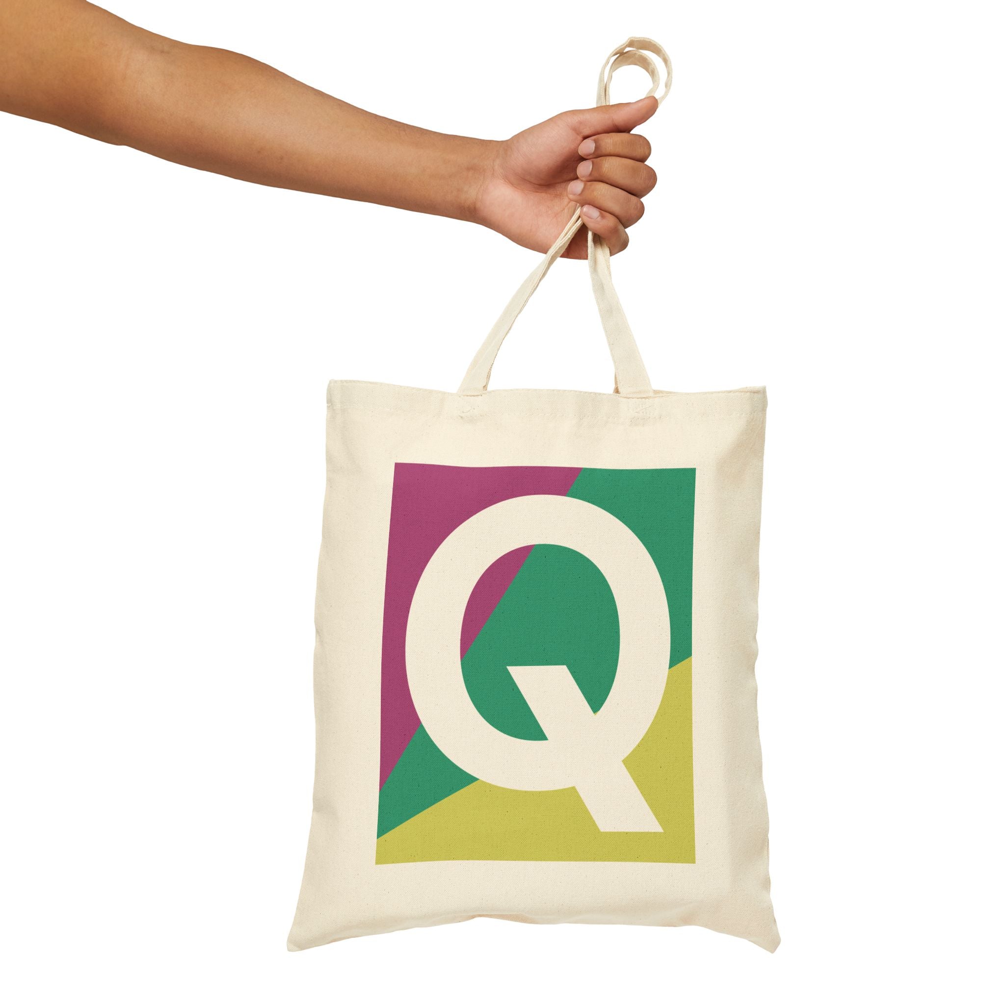 Initial Q Colorblock Canvas Tote Bag — Monogram Letter Q Reusable Grocery Tote