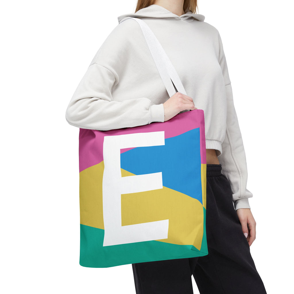 Monogram 'E' Colorblock Tote Bag — Personalized Initial E Shoulder Tote