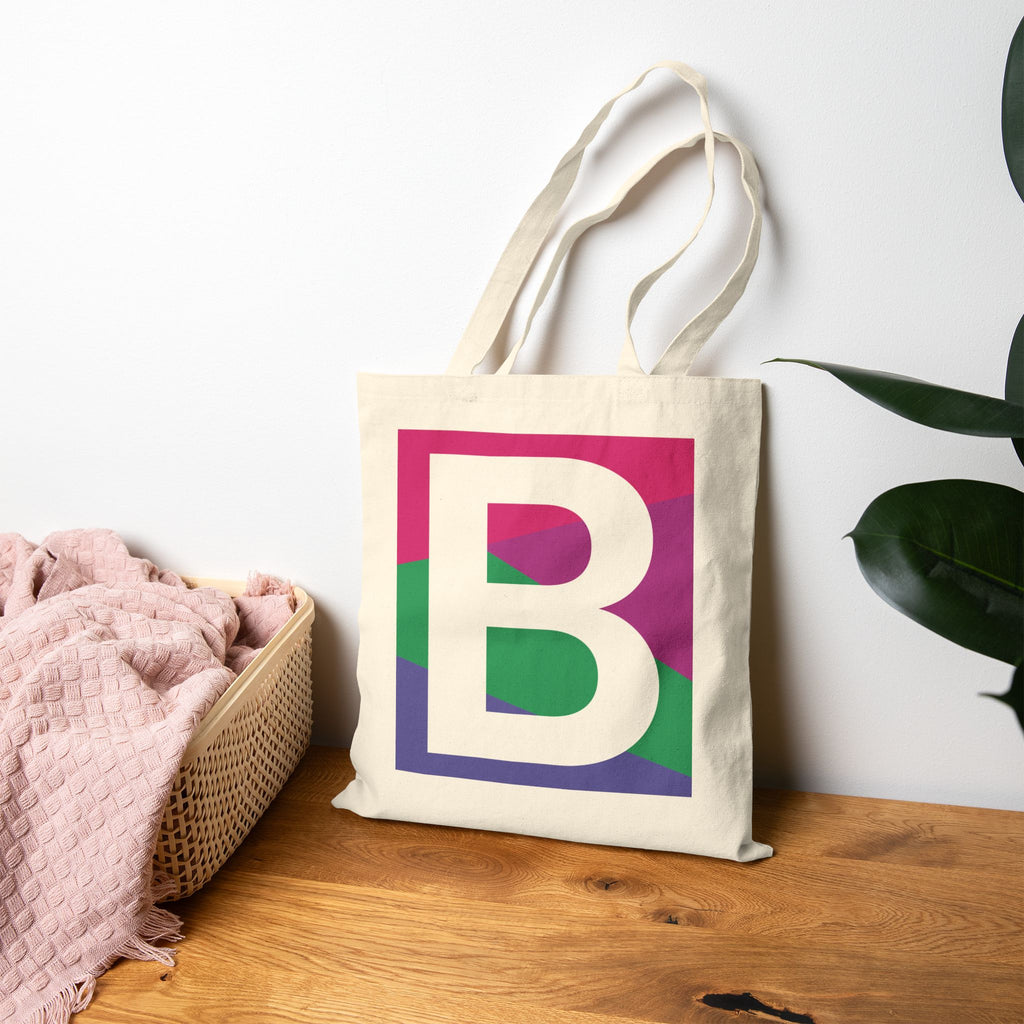 Initial B Colorblock Canvas Tote Bag — Monogram Letter B Reusable Grocery Tote