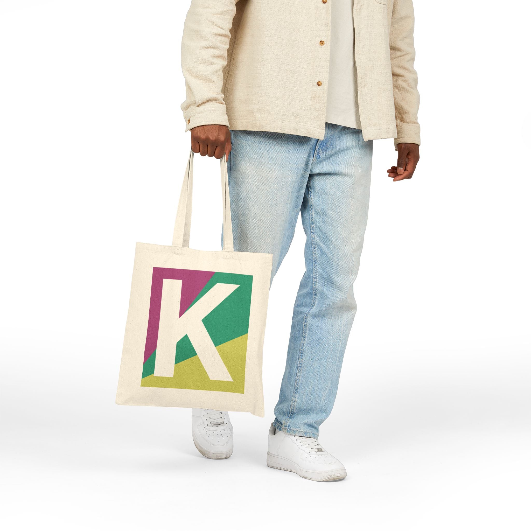 Initial K Colorblock Canvas Tote Bag — Monogram Letter K Reusable Grocery Tote