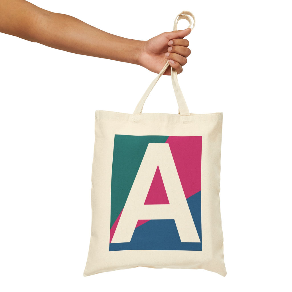 Initial A Colorblock Canvas Tote Bag — Monogram Letter A Reusable Grocery Tote