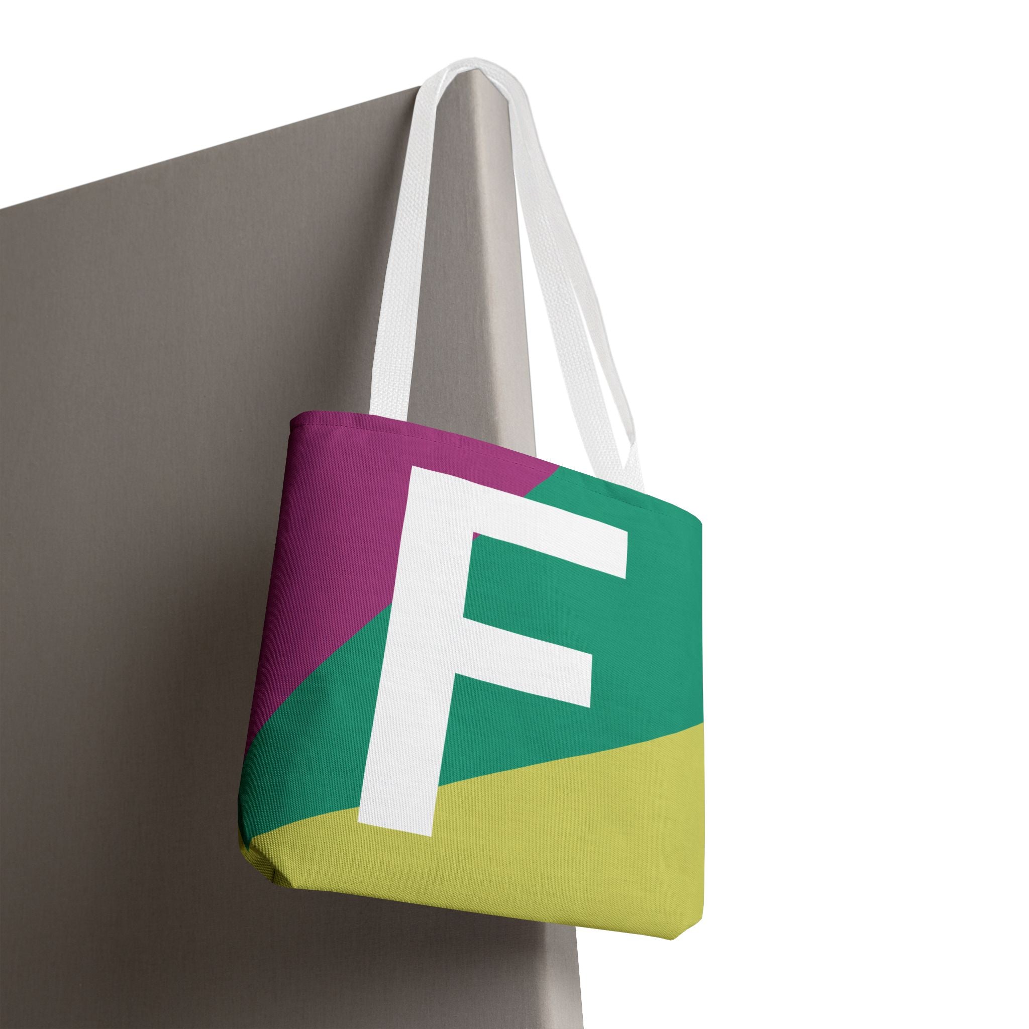Monogram 'F' Colorblock Tote Bag — Personalized Initial F Shoulder Tote